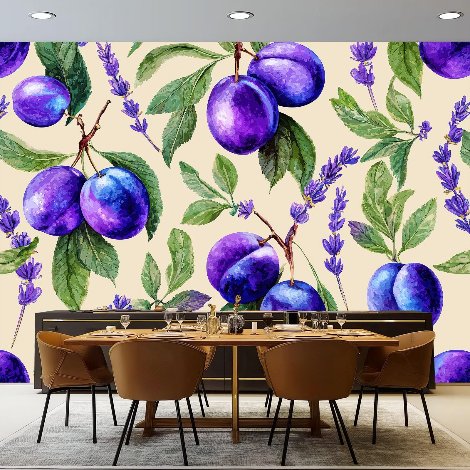 Dekoracyjna tapeta ścienna | Akwarela Śliwka Owoce Wzory | Nadaje się do salonu, sypialni i biura, stylowa i prosta w instalacji, idealna, (fioletowy, 400 x 280 cm