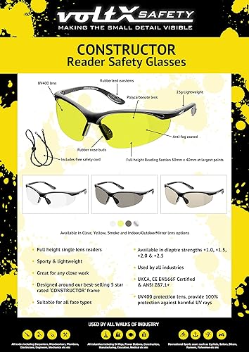Miniatura 3 de voltX Gafas de seguridad para lectura de lentes completas (+2.5 dioptrías, amarillo) ANSI Z87.1+ y CE EN166F, estilo envolvente, incluye cable de