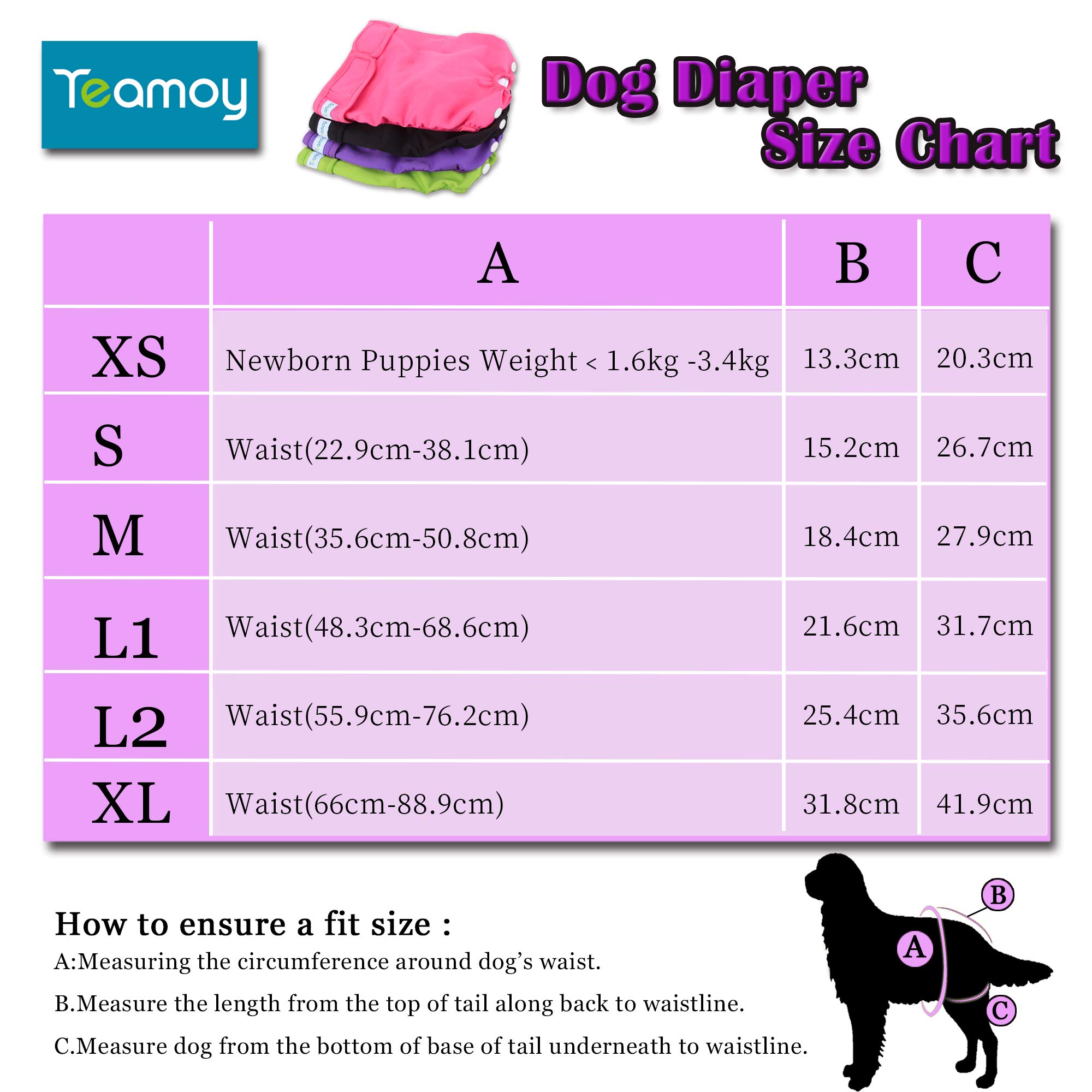 Teamoy 4 Piezas Pañal para Perros, Negro + Verde + Rosa + Morado, L1 | Pañales de Magasin Pet Lavable,pañales para Perros Hembra, Superabsorbente y Cómodo