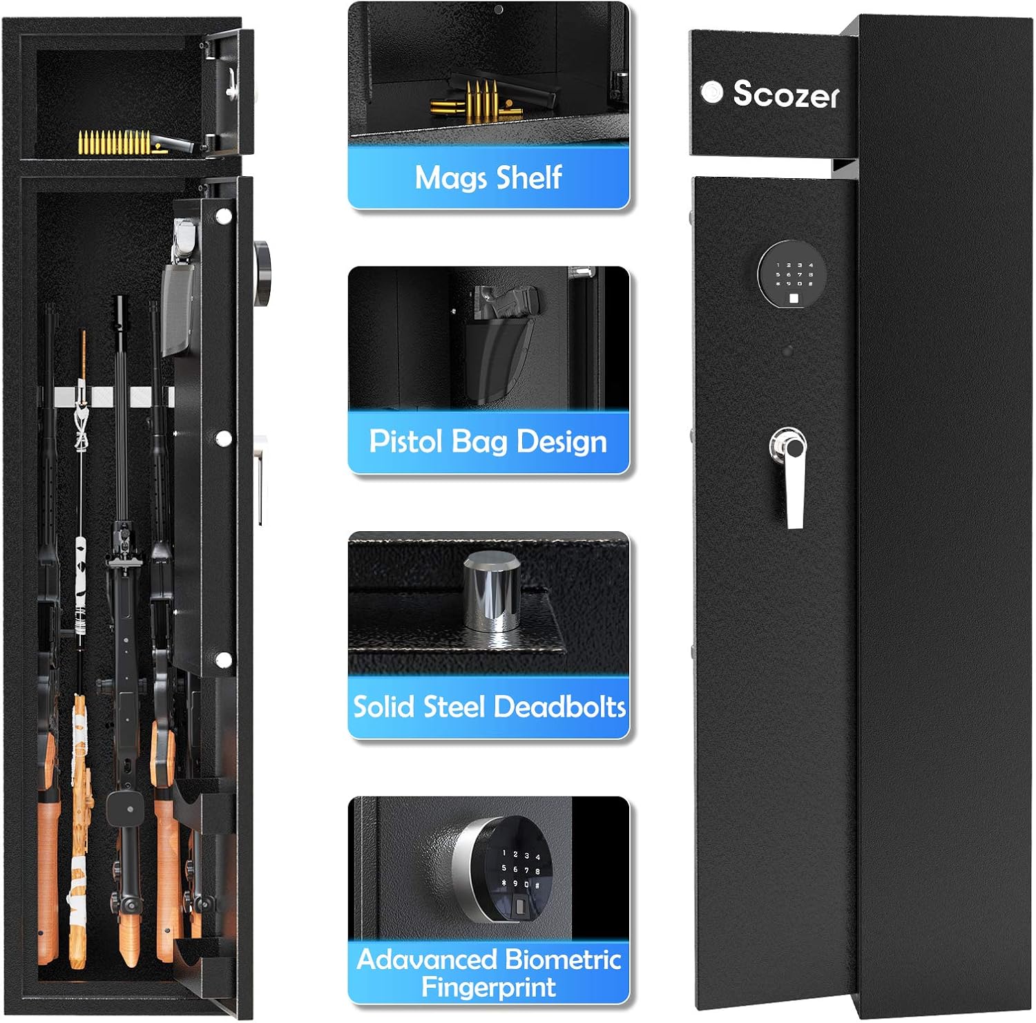 Review Discount SCOZER Biometric Rifle Gun Safe, Quick Access Long Gun Security Cabinet for 4-5 Rifle with Organizer Design—1 Gun Bag and 2 Storage Shelves, Independent Pistol Storage Cabinet Super Brands SCOZER Biometric Rifle Gun Safe, Quick Access Long Gun Security Cabinet for 4-5 Rifle with Organizer Design—1 Gun Bag and 2 Storage Shelves, Independent Pistol Storage Cabinet