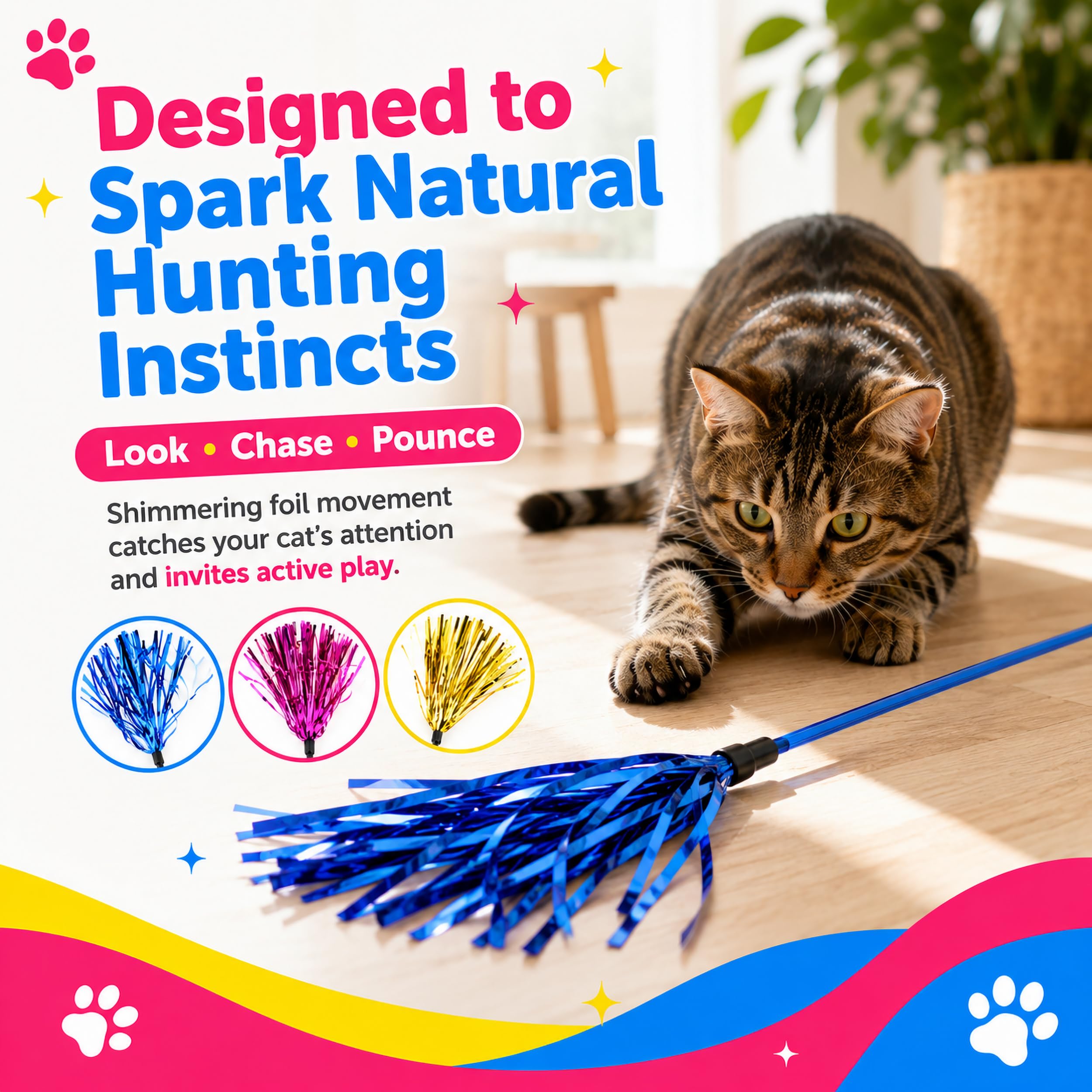 ADUCK Giocattolo interattivo per gatti, bacchetta giocattolo con nappe, cattura vermi per gatti e gattini, confezione da 3 (oro + blu + rosa)