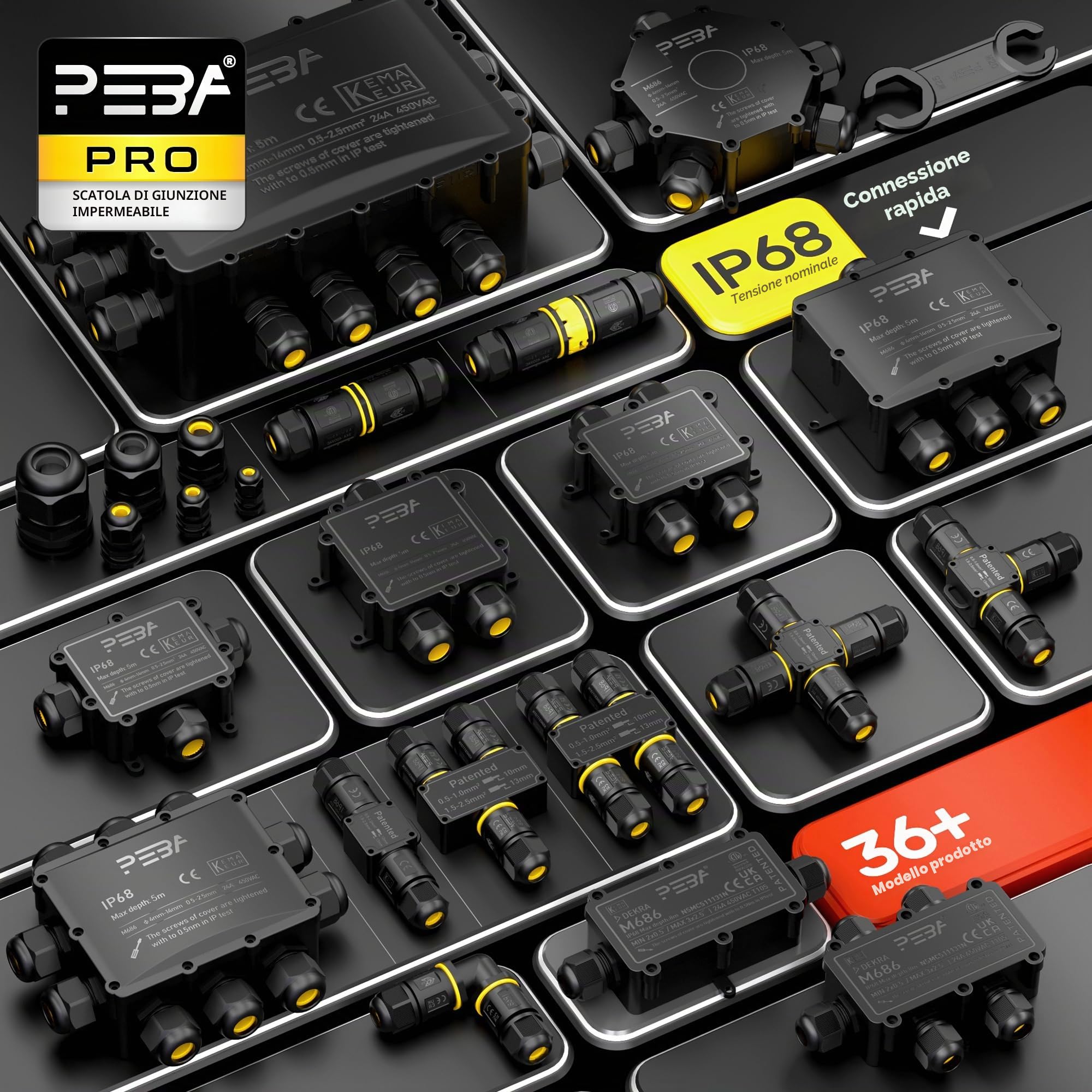 PEBA Scatola di Giunzione Impermeabile IP68, Connettori Elettrici, 4 vie Connettore Stagno Manicotto di Collegamento Cavo Sotterraneo del Area Esterna per Diametro del Cavo 4-14mm, Nero 2 pezzi