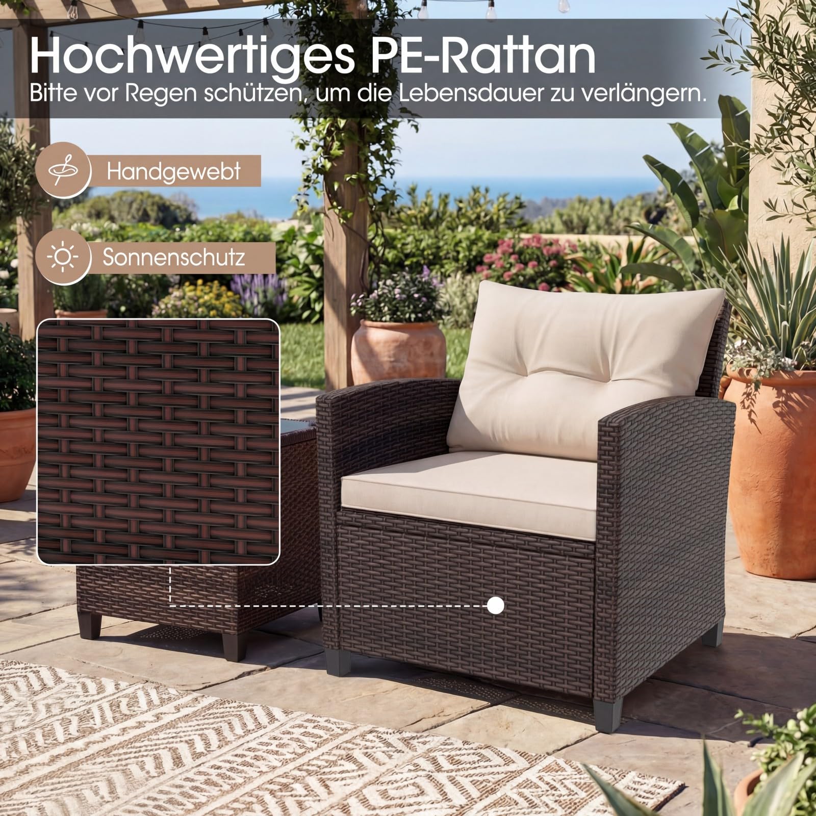 GIANTEX Rattan Gartenmöbel Set, Balkonmöbel Kleiner Balkon, Lounge Gartenmöbel Set, Balkon Möbel für 2 Personen, Gartenlounge Set 2 Sessel & Tisch, 3 tlg. Gartensitzgruppe inkl. Sitz- und Rückenkissen