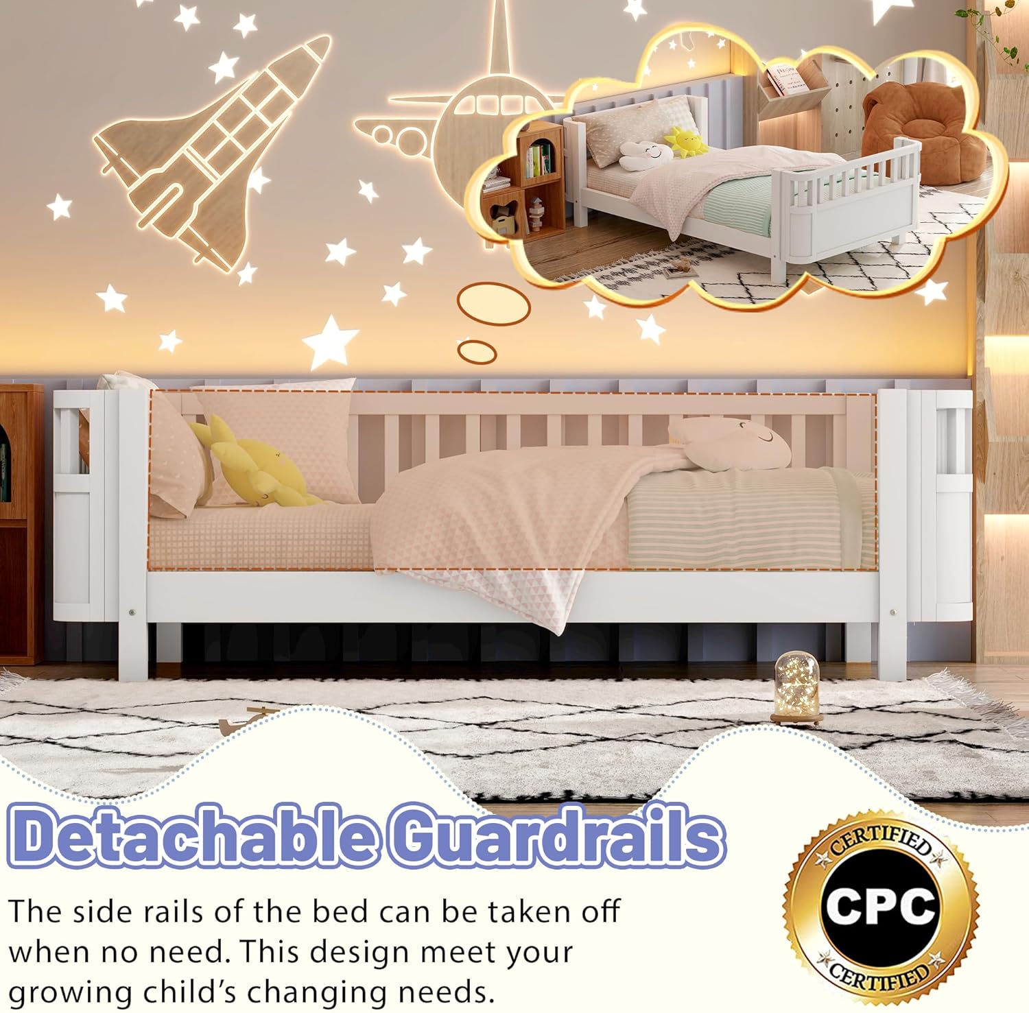 Twin Size Bed Frame for Kids with Rails, Montessori Bed, Solid Wood Kids Day Beds with Slats Support, Low Profile Twin Bed with Pine Wood Frame for Boys and Girls, White