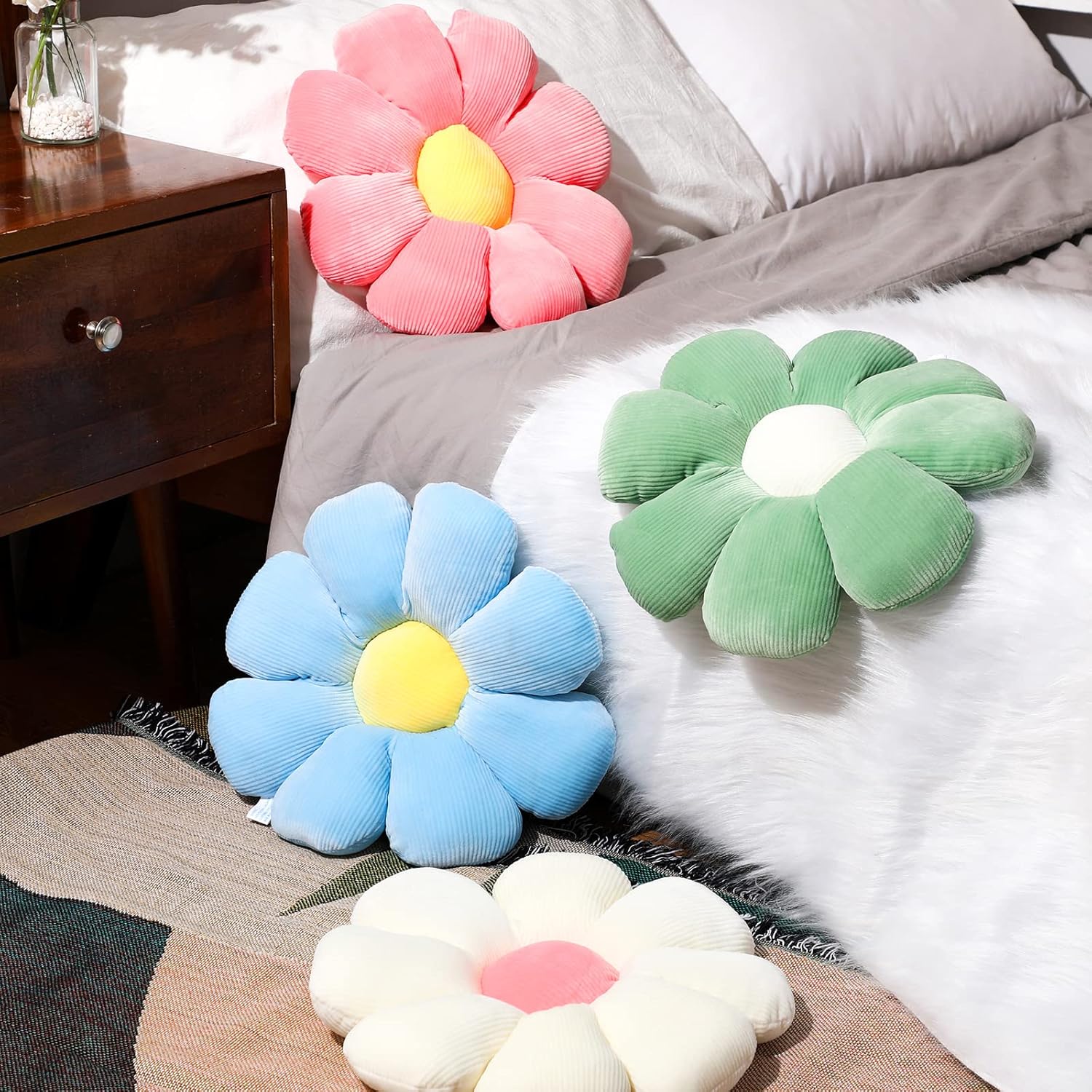Coume 4 Pcs Flower Pillows 15" Plush Flower Shaped Pillows Daisy Floor Throw Cute Seat Cushion for First Day of School Bed Sofa Couch Chair Office Room Back to School Classroom Decor(Pastel)