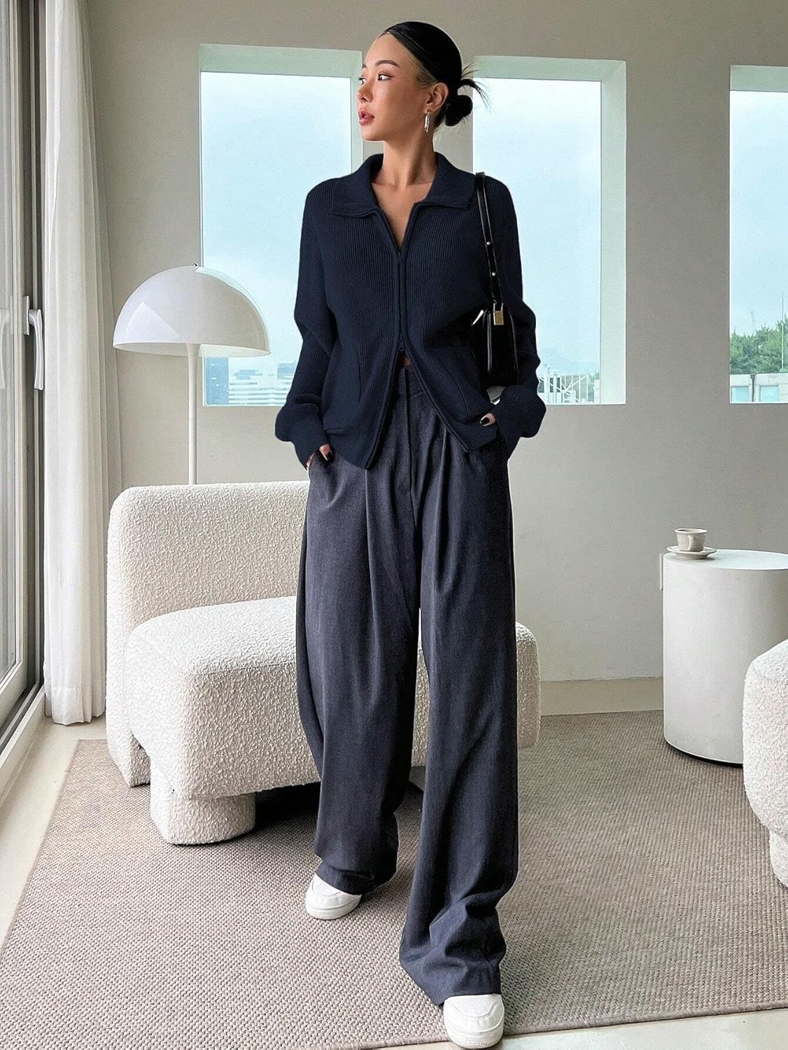 Women's Trench Coat Drop Shoulder Zip-Up Long Sleeve Casual Blouse Classic Overcoat