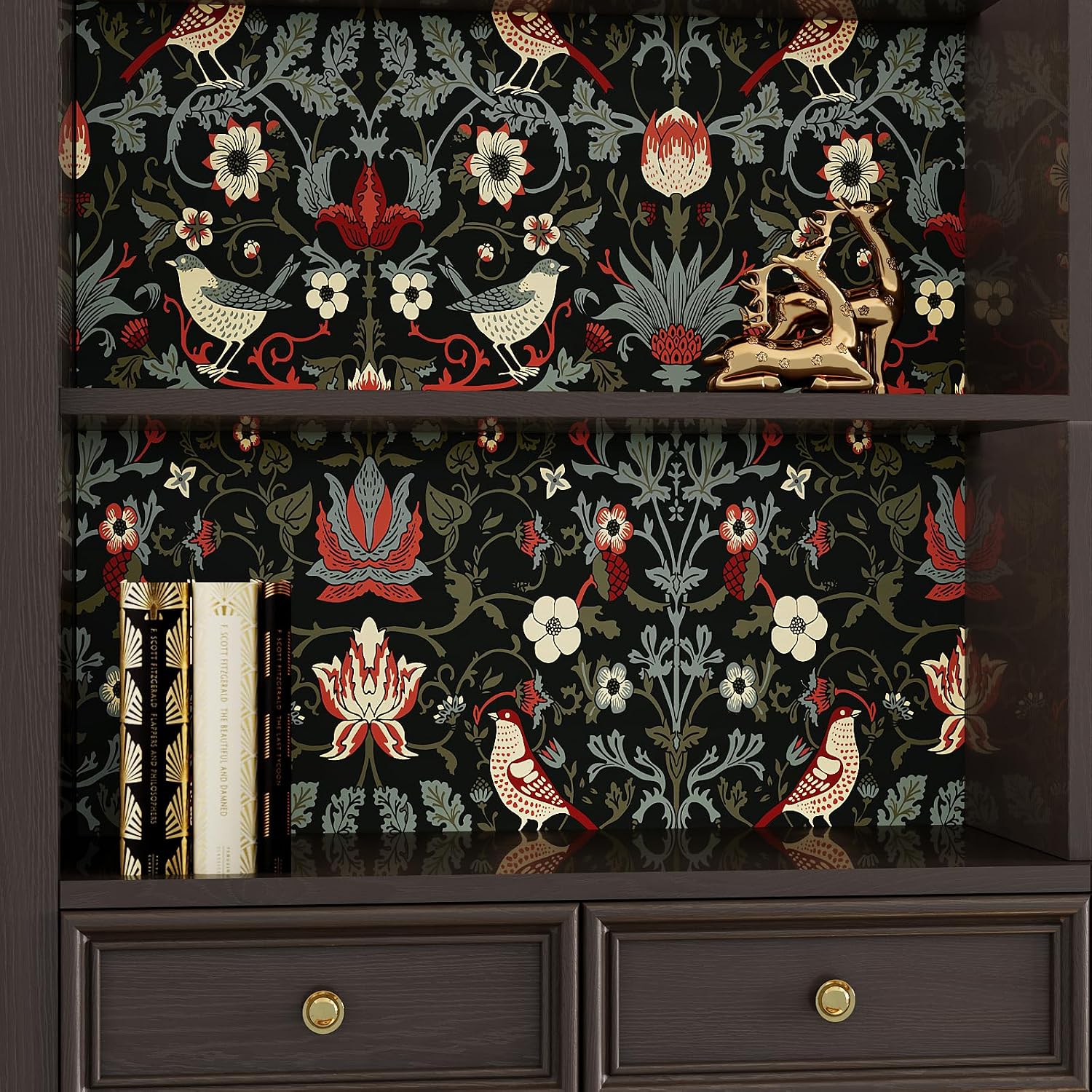 VEELIKE 17.7''x354'' Vintage Birds Berries William Morris Wallpaper Peel and Stick Retro Floral Wallpaper for Bedroom Bathroom Removable Prepasted Bird Wall Paper Self Adhesive Art Deco Contact Paper