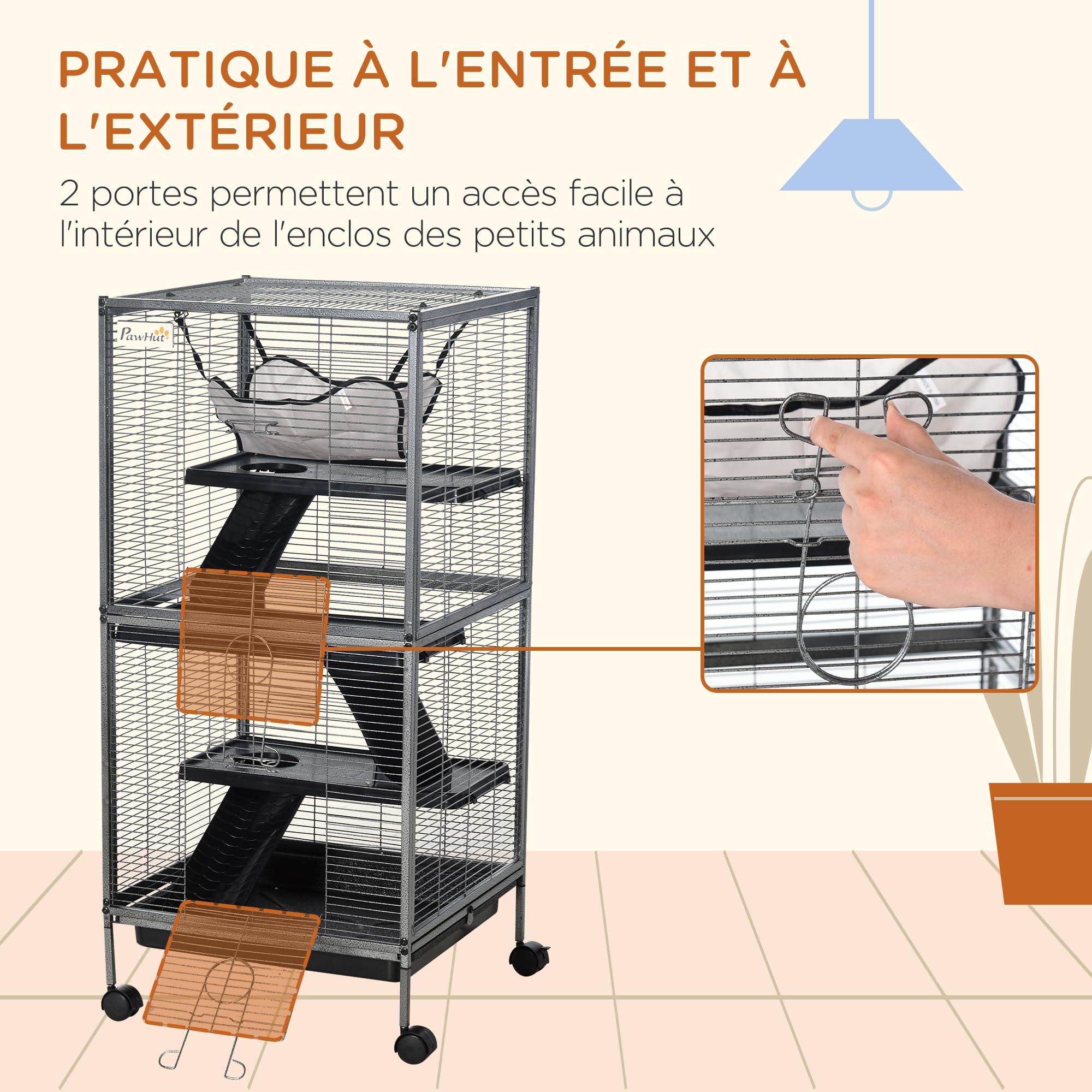 PawHut Cage pour Petits Animaux Portable 4 Niveaux Chinchilla Furet avec Roulettes 52 x 52 x 113,5 cm Gris