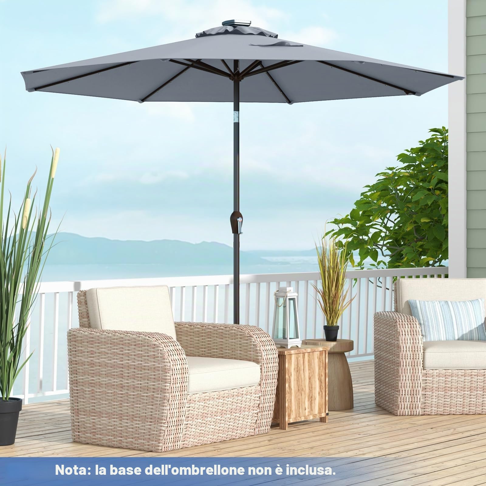 KOMFOTTEU Ombrellone da Giardino 3m, con Luci LED e Manovella, Ombrellone da Balcone Inclinabile Protezione UV, Ombrellone Parasole da Cortile con 8 Osse, per Terrazza, Spiaggia, Piscina