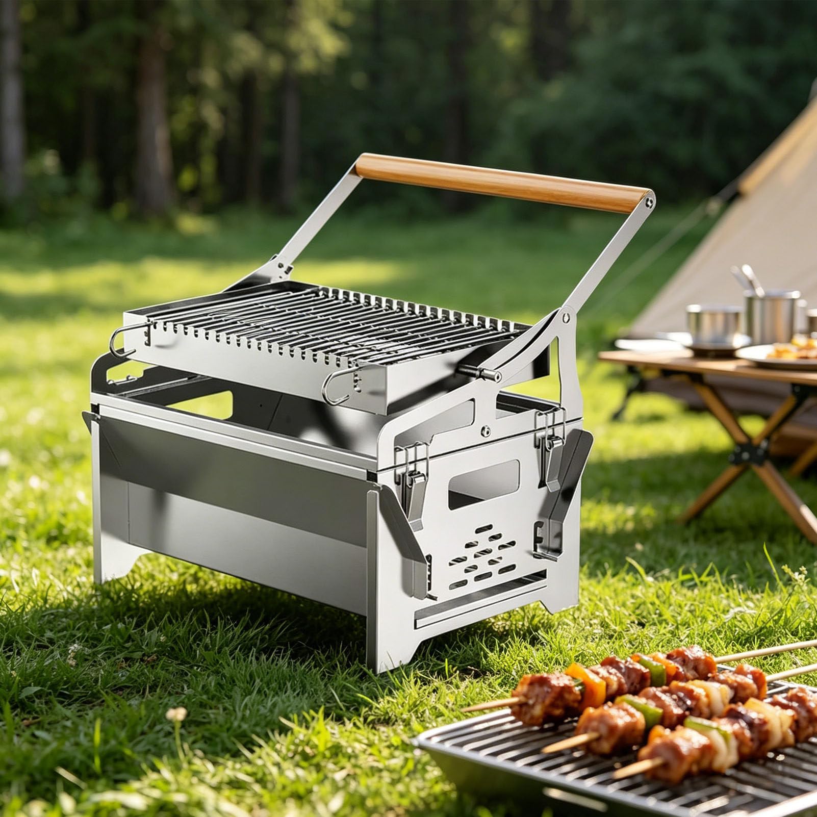PioMue Stainless Steel 360 Degree Rotating Grills with Even Heat Distribution, Portable Outdoor Cooking Tool, Portable Throwing Grill for Outdoor Smoking, Picnics, Camping Barbecues