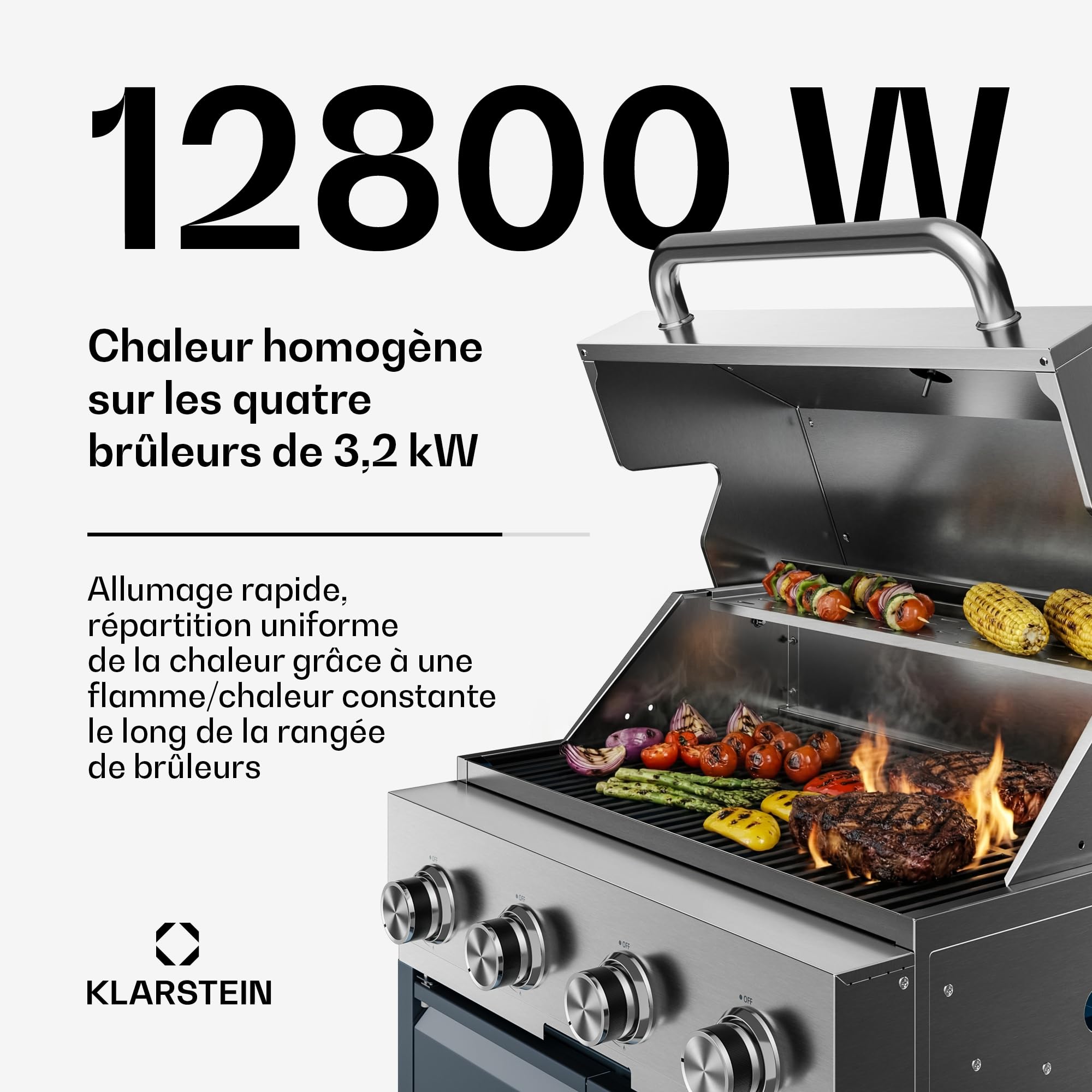 Klarstein WaldChef Barbecue à gaz 30 mbar - Barbecue Gril 4 Brûleurs 12800 W, acier inoxydable, grille en fonte, thermomètre, allumage piézoélectrique