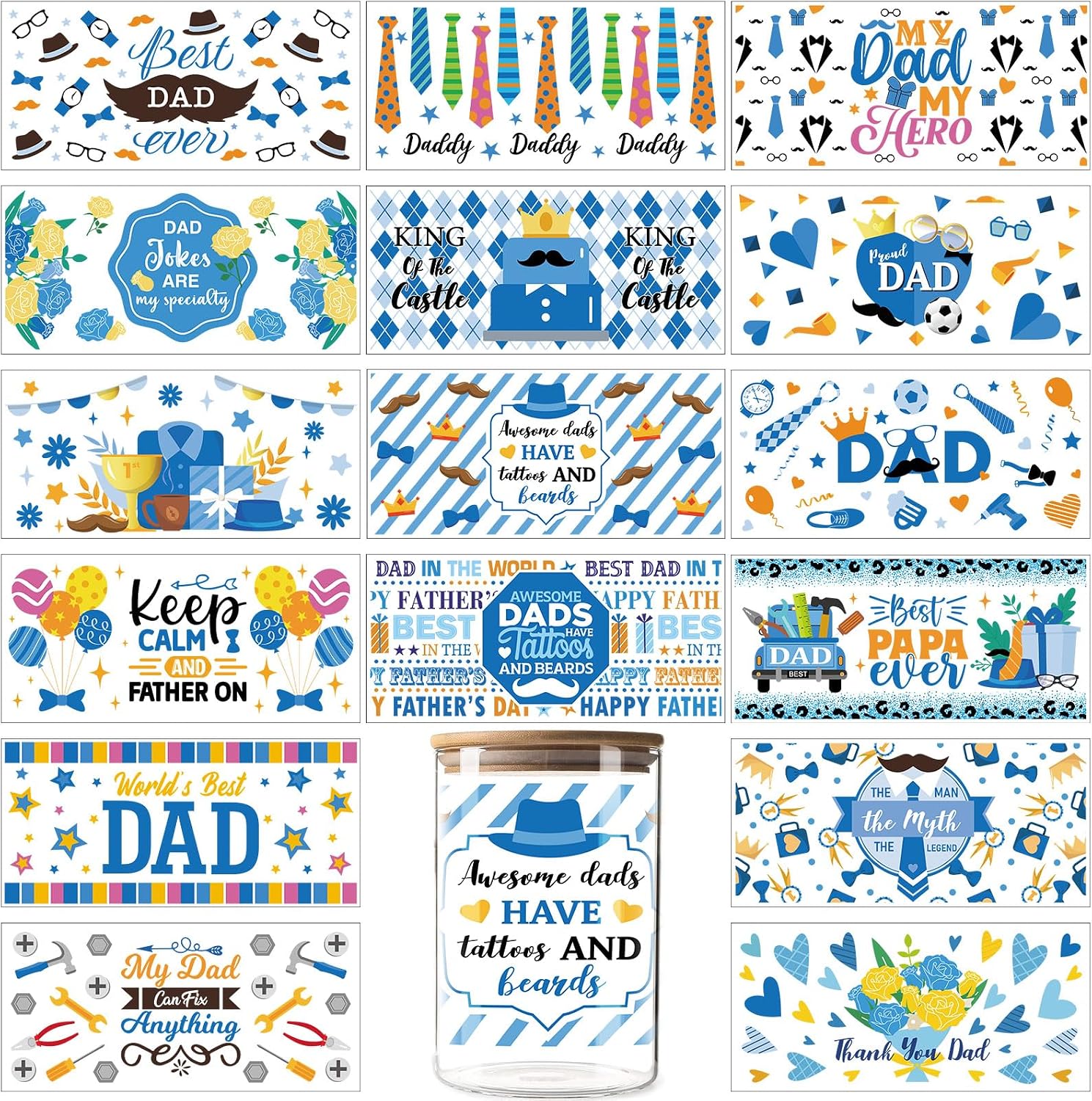 Kosiz 16 Sheet Father's Day UV DTF Cup Wrap Transfer Stickers for Glass Blue Sticker Rub on Transfers Crafting Waterproof 16 oz UV DTF Cup Wraps Decals for Father's Day Gift Craft