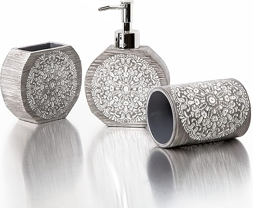 BINO Juego de accesorios de baño, color gris, dispensador de jabón, soporte para cepillos de dientes, vaso, organizador de baño de 3 piezas,