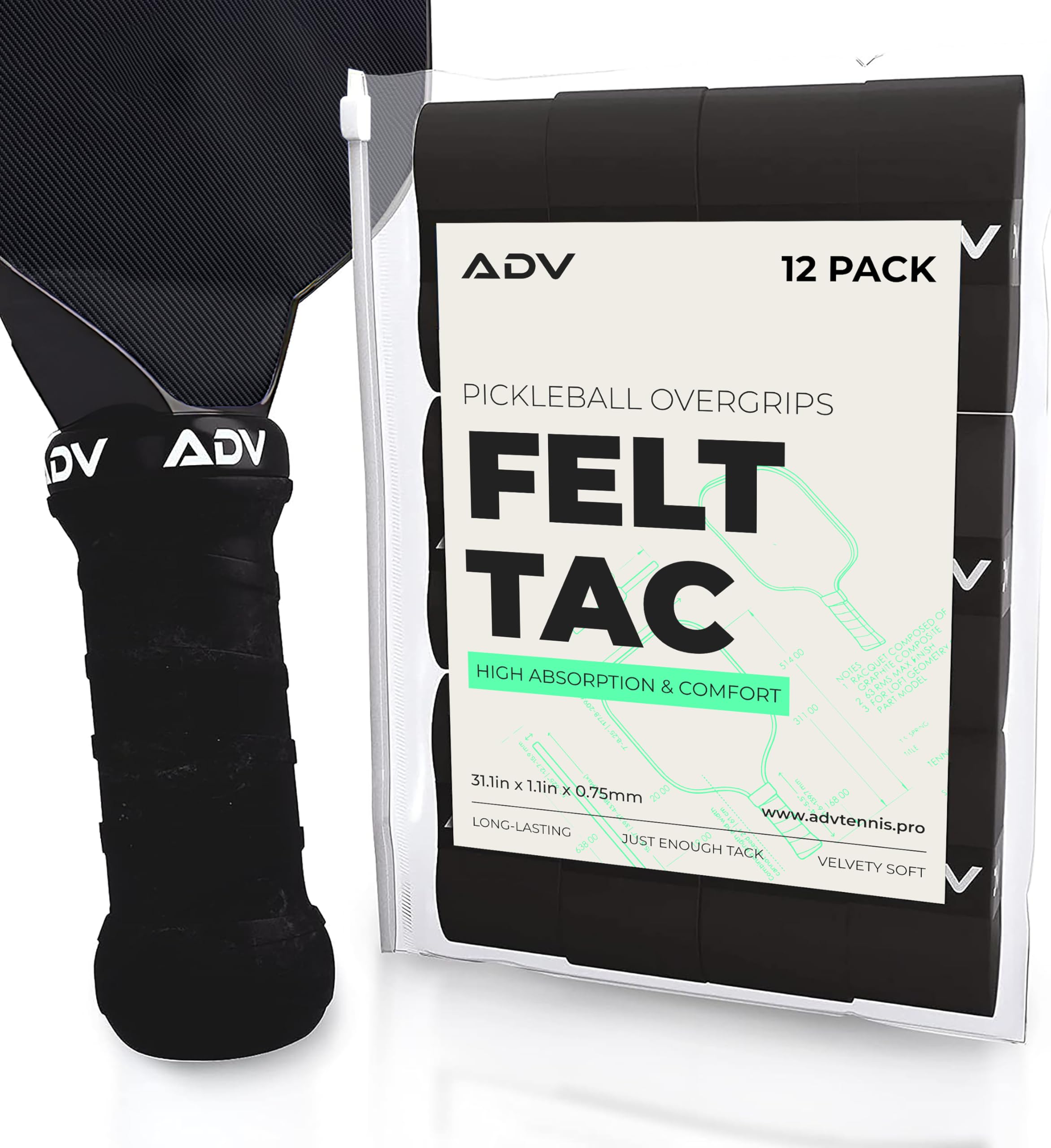 ADV Pickleball Overgrip - Soft, Dry Feel or Tacky, Non-Slip Pickleball Grip Tape - Sweat Absorbing Felttac Overgrip - Razor-Thin MaxTac Pickleball Paddle Grip Tape (FeltTac, 12-Pack Black)