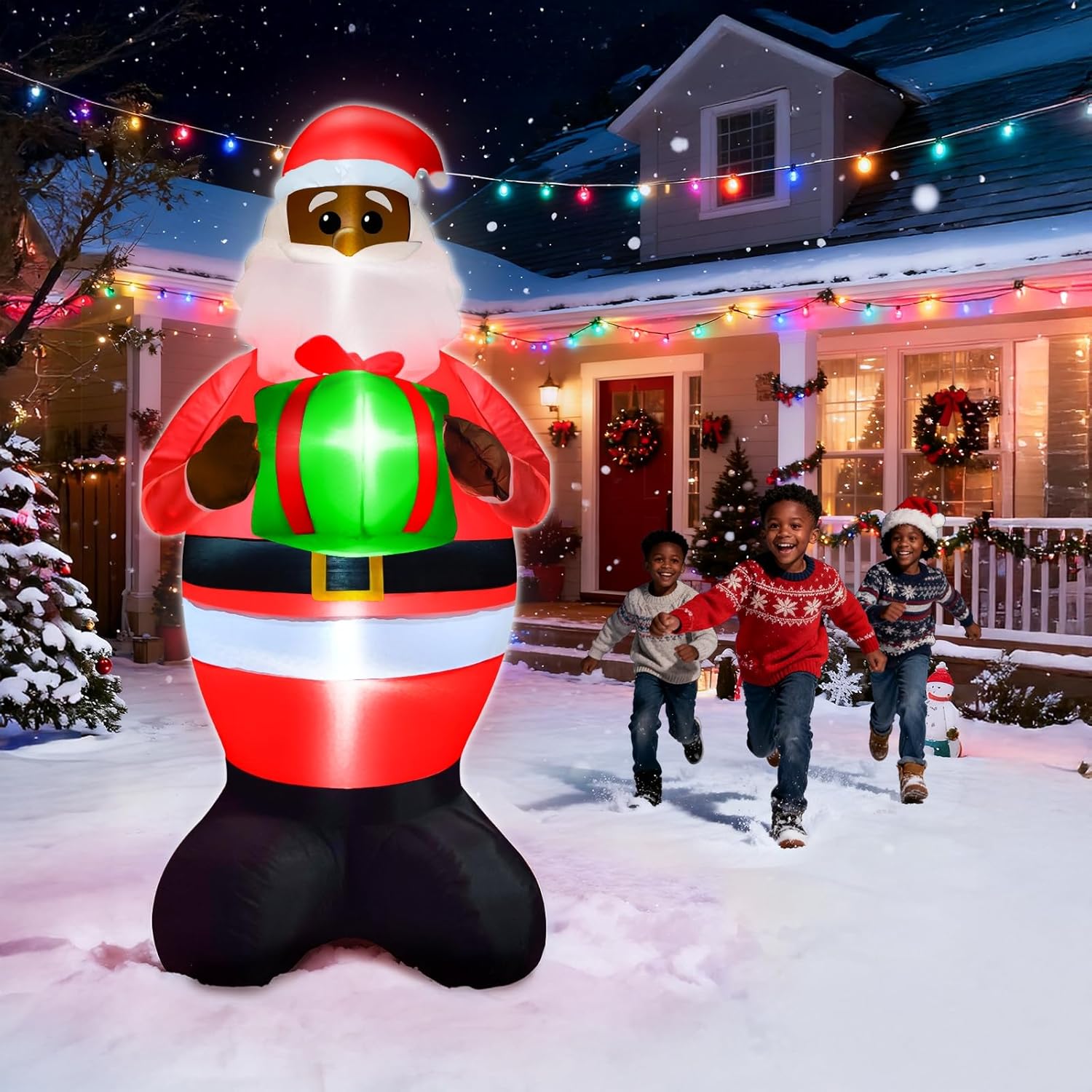 TURNMEON 6Ft Black Santa Claus Inflatables Christmas Decorations Outdoor African American Hold Gift Box LED Lights Blow Up Yard Decorations for Holiday Xmas Decor Outside Lawn Yard Garden Party - Image 2