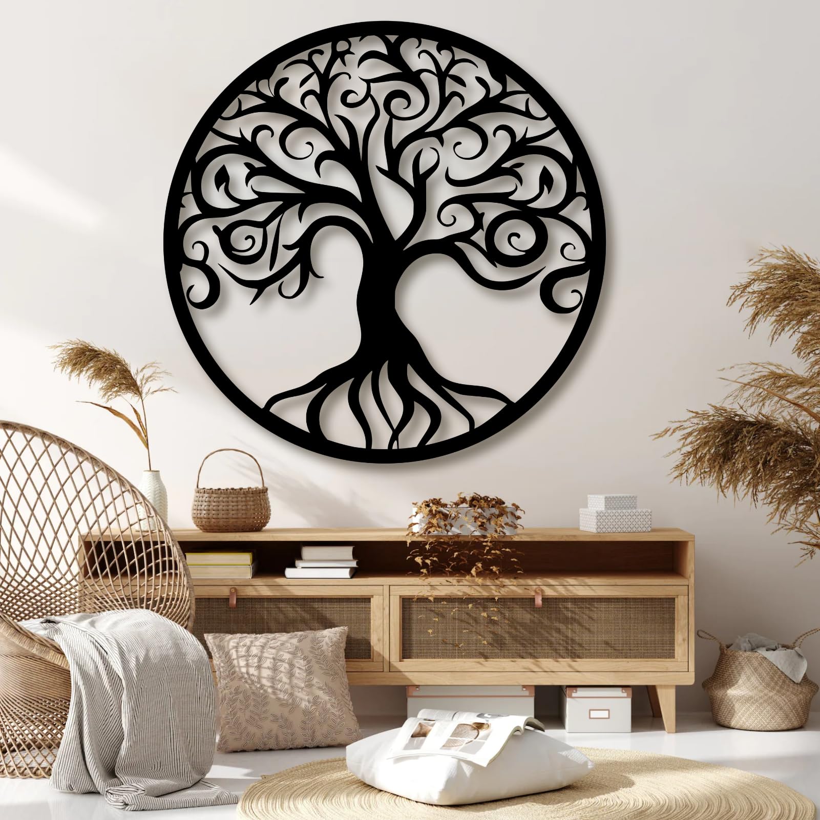 Nowoczesna minimalistyczna metalowa sztuka ścienna, dekoracja, drzewo życia, do salonu, sypialni, jadalni, biura (70 x 70 cm, styl 8)