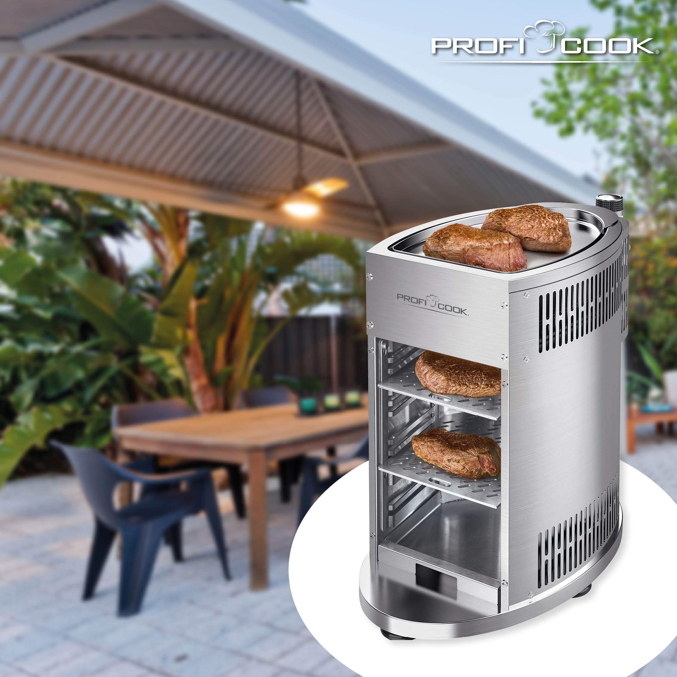 ProfiCook PC-GBS 1178 Beef Grill 800° Hochleistungsgrill Edelstahl Warmhaltefunktion 2 Grillroste Fettauffangschale