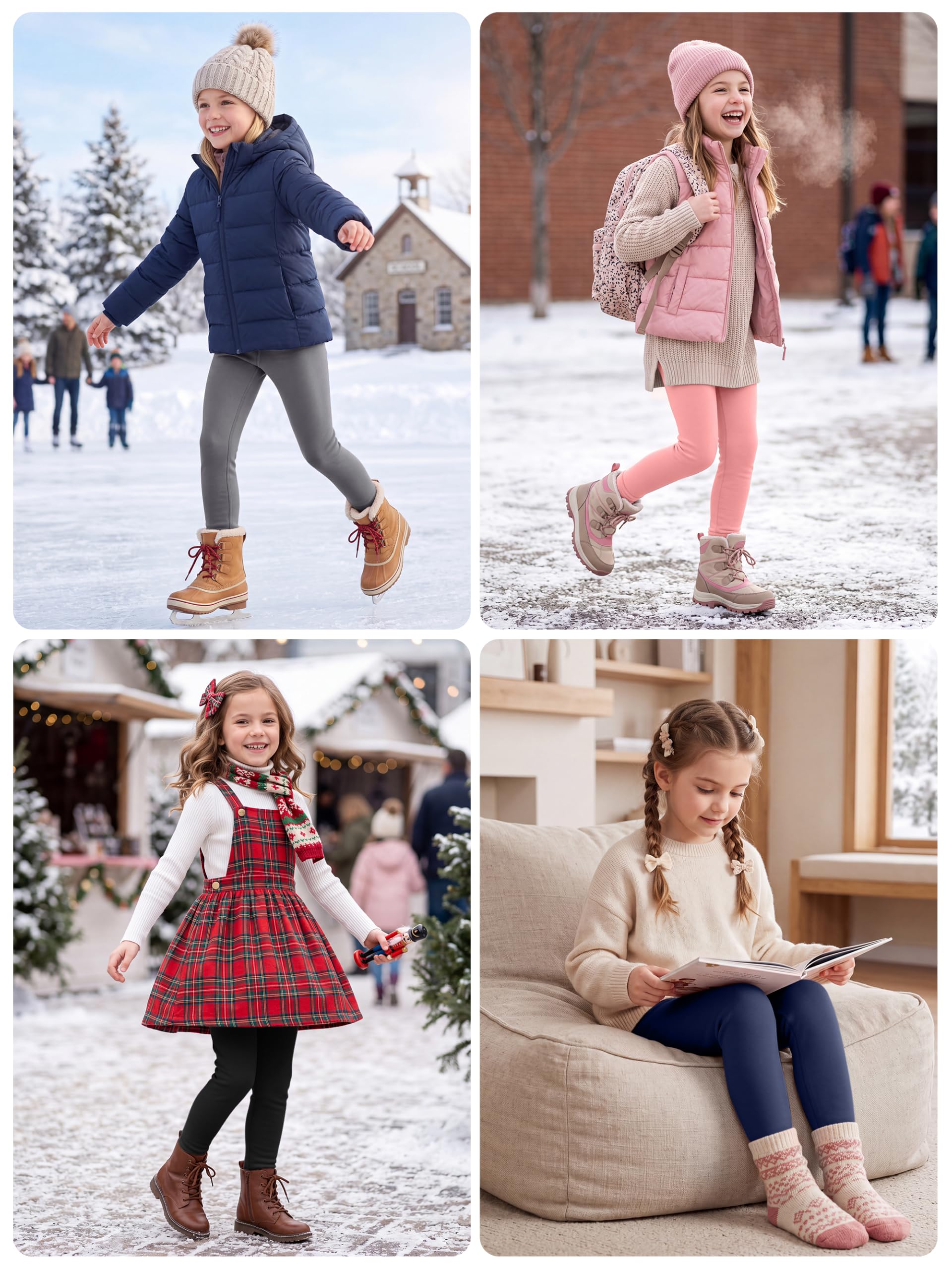 Resinta Winter-Leggings für Mädchen, Fleece-gefüttert, dick, warm, Thermohose, Basic, volle Länge, Stretchhose für Kinder von 5–14 Jahren, 4 Stück