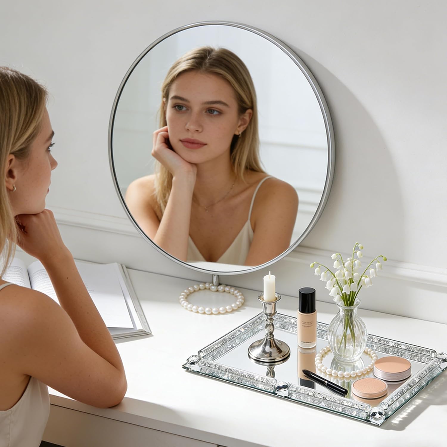 Large Crystal Glass Tray, Crushed Diamond Filled Mirror Vanity Cosmetic Makeup Tray, Sparkle Perfume Jewelry Countertop Decorative Tray, for Home Party Hotel Banquet Dresser Bathroom Bedroom(Silver)