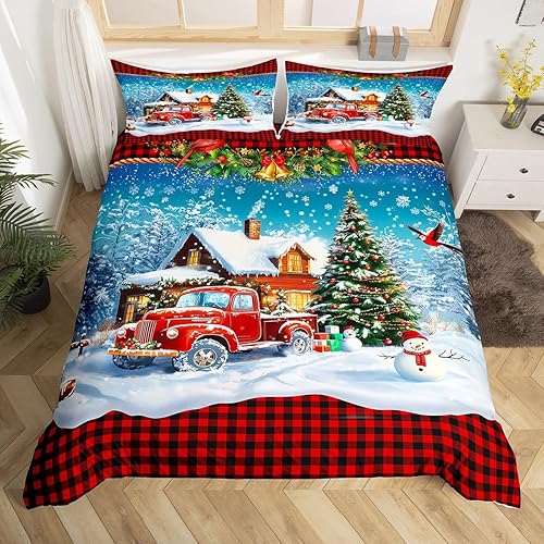 Juego de funda de edredón de Navidad para niños, tamaño King, juego de ropa de cama retro de camión rojo y vista de nieve de invierno, 3 piezas,