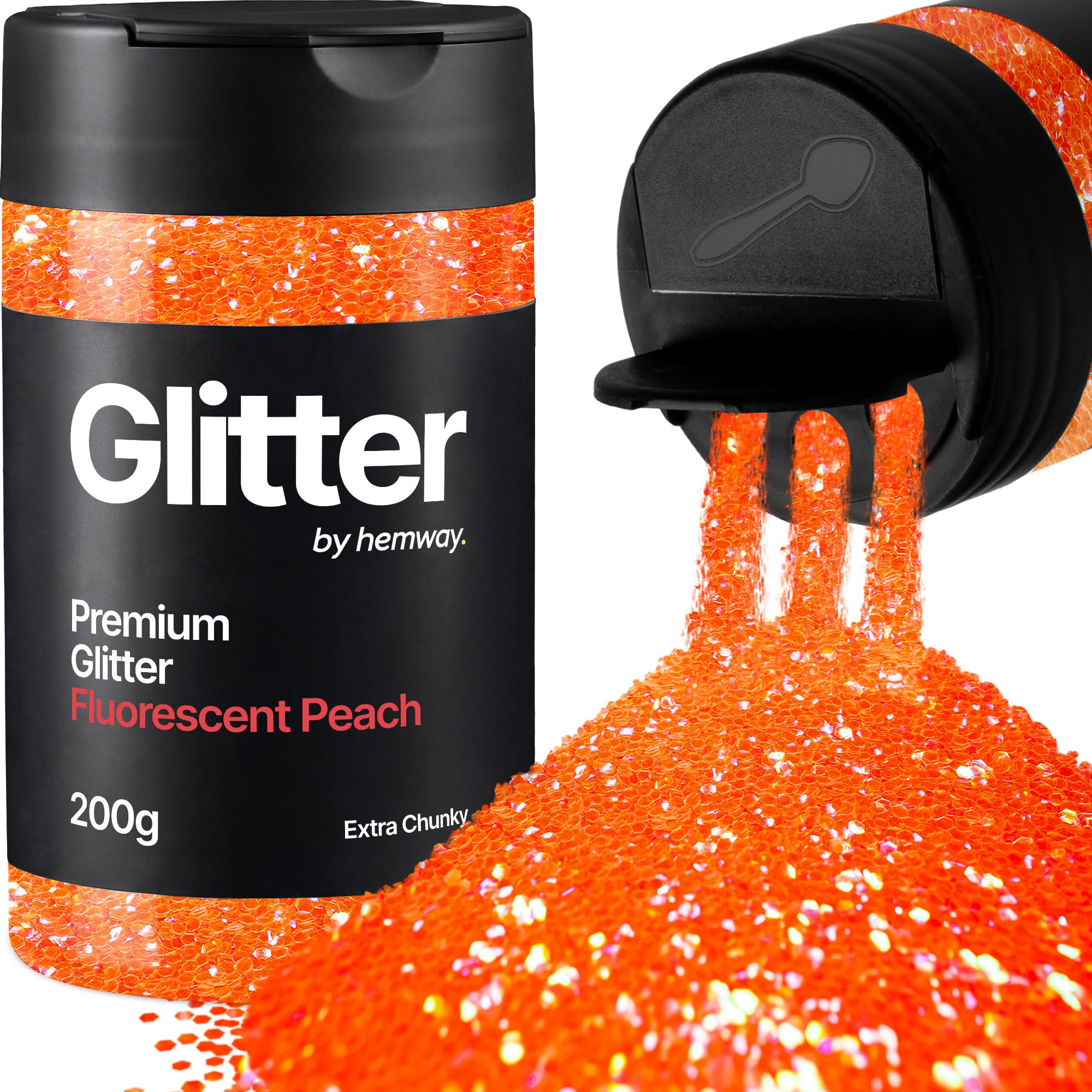 Hemway Fluorescent Peach Glitter Shaker, 200g Extra Chunky Glitter for Crafts Metallic Flake Sequins for Resin & Epoxy Crafts for Decorating, Halloween, Christmas, Nail, Face, Art