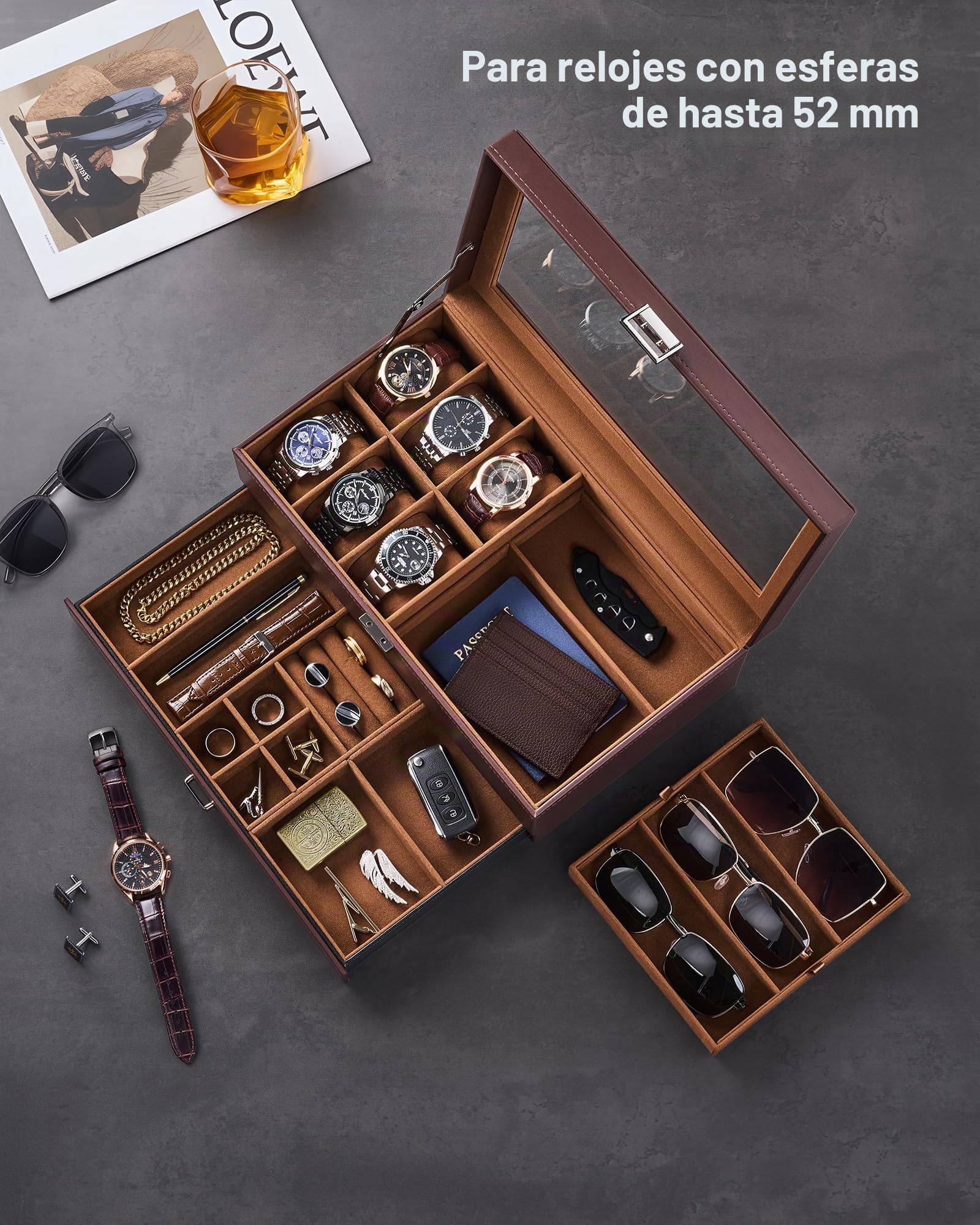 ProCase Caja Joyero para Hombres con Cerradura, 6 Espacios Relojes, PU Cuero, Marrón