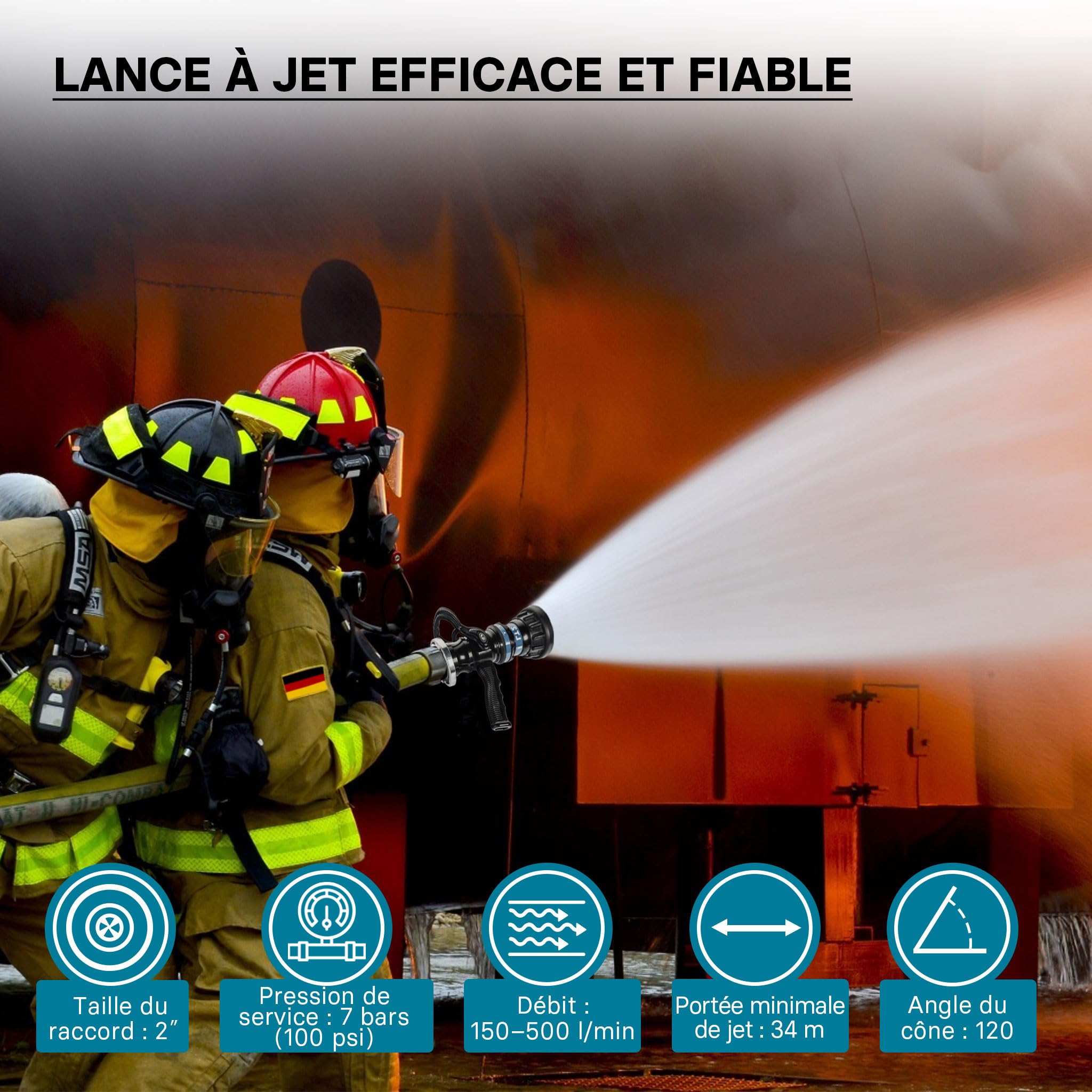Wiltec Lance d’incendie polyvalent – Storz C – 150/200 / 350/500 l/min – Réglage en continu – Intervention secours Sapeur pompier Chantier