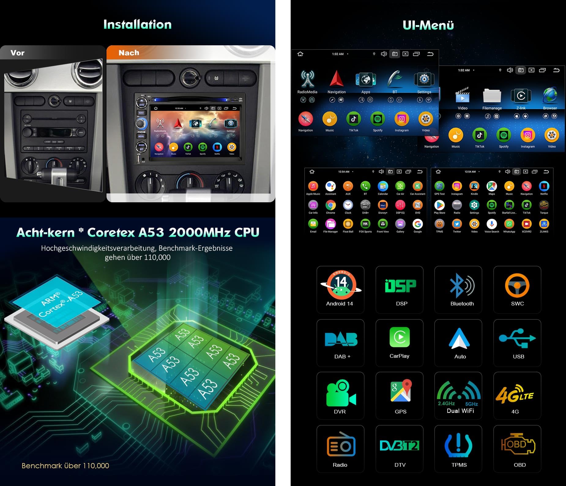 Erisin Radio samochodowe z systemem Android 14, 8 rdzeni, 4 GB + 64 GB, GPS, dla Forda Focus F150 F250 F350 Explorer Fusion Mustang Edge Five Hundred, obsługuje IPS, Bluetooth 5.0, CarPlay, Android