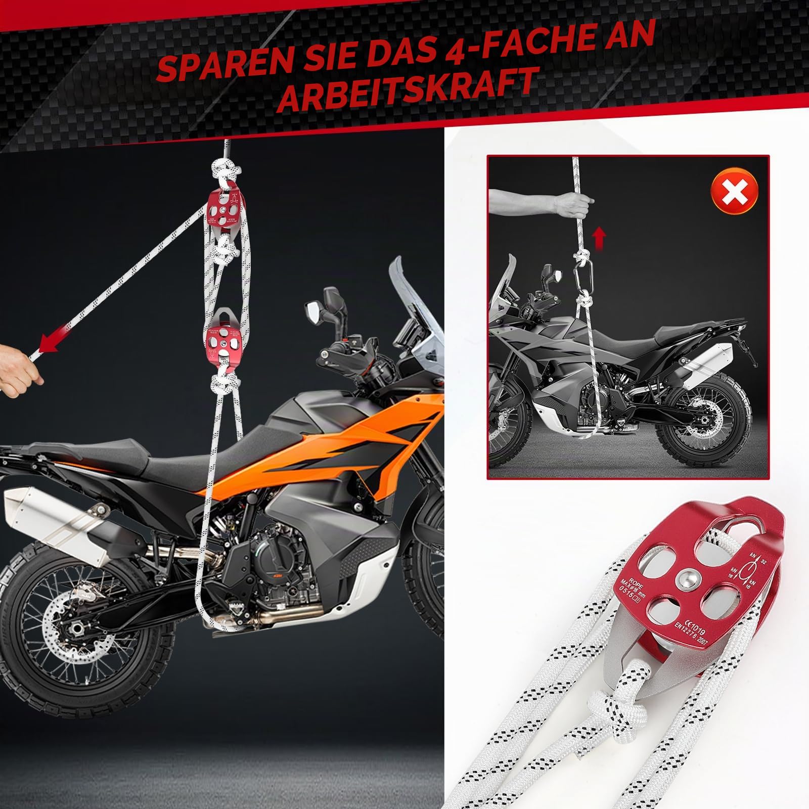 Seilrolle Umlenkrolle Edelstahl mit Nylonseil 30 m × 12 mm, 35 kN(3500 kg) Seilrolle für Garage, Dachboden & Outdoor