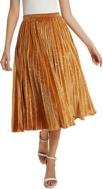 Womens High Elastic Waist Velvet A Line Pleated Swing Midi Skirt