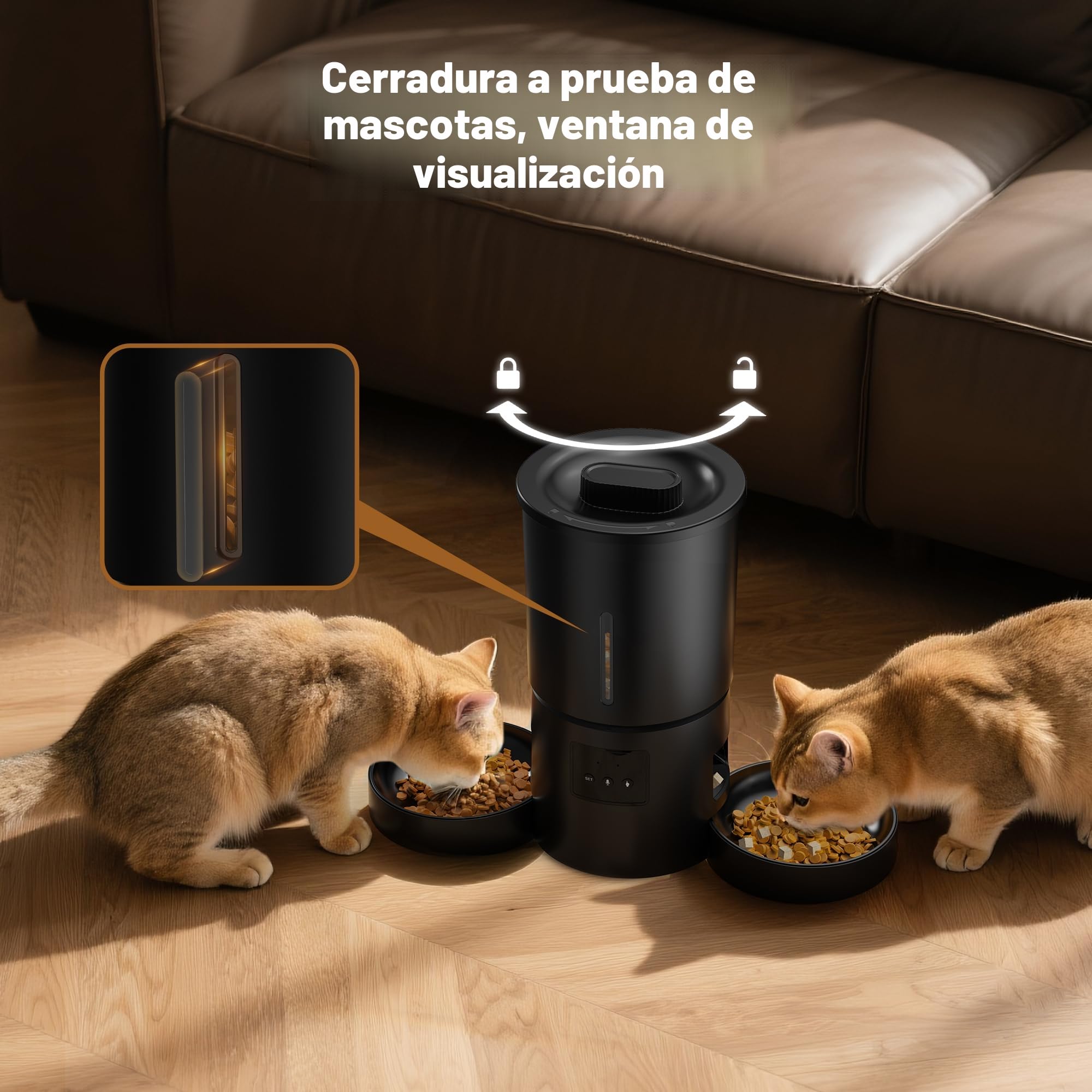 Comedero Gato Automático Doble & App: Dispensador Automático de 5L con WiFi 2.4G y Temporizador para Comida Seca - Diseño de Comedero Doble AONBOY para Múltiples Gatos y Perros - Negro