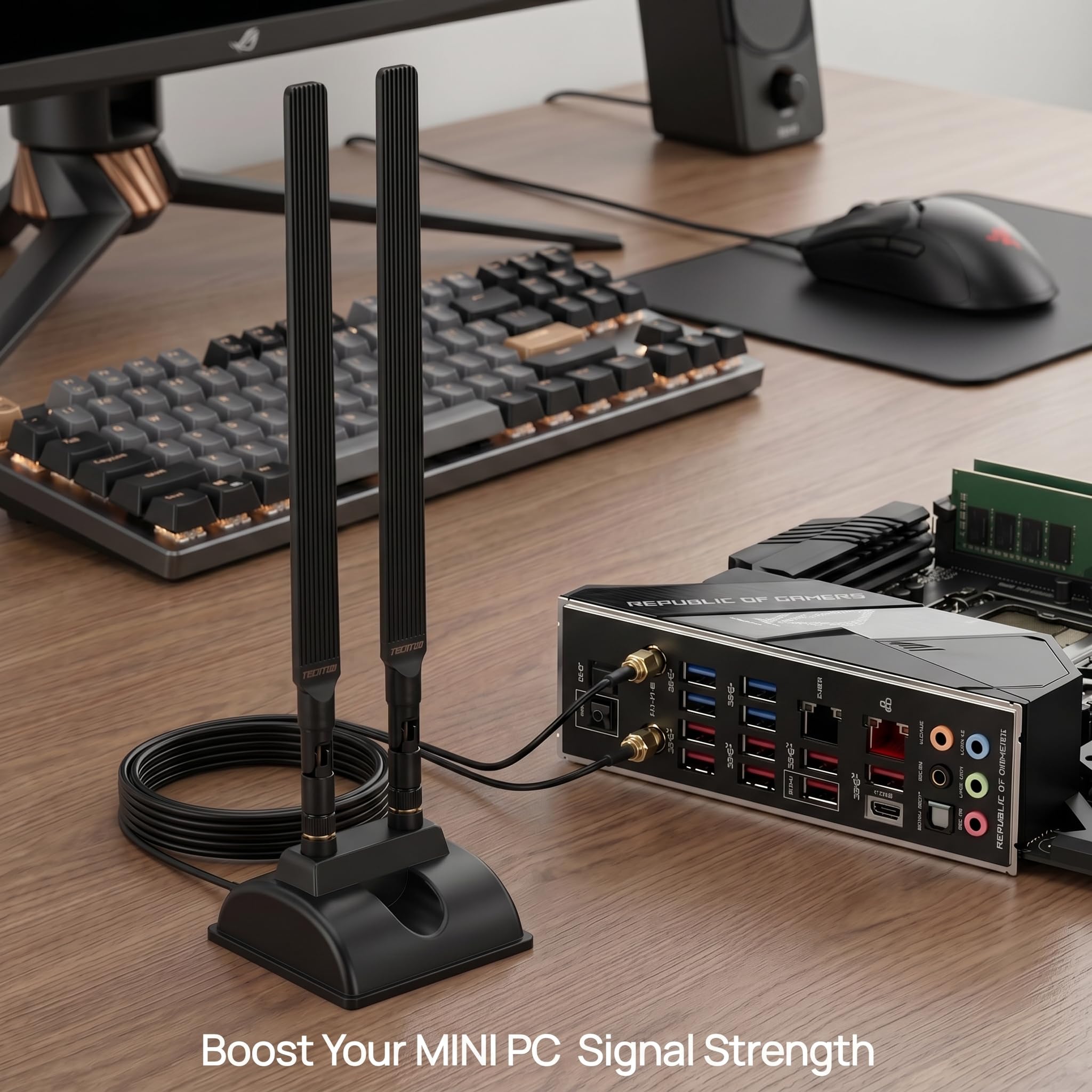 TECHTOO Antena WiFi de 12 dBi de doble banda 2.4 GHz 5 GHz RP-SMA Antenas WiFi con base magnética y cable de extensión de 4 pies para PC de escritorio, PCI, Bluetooth, tarjeta de red inalámbrica