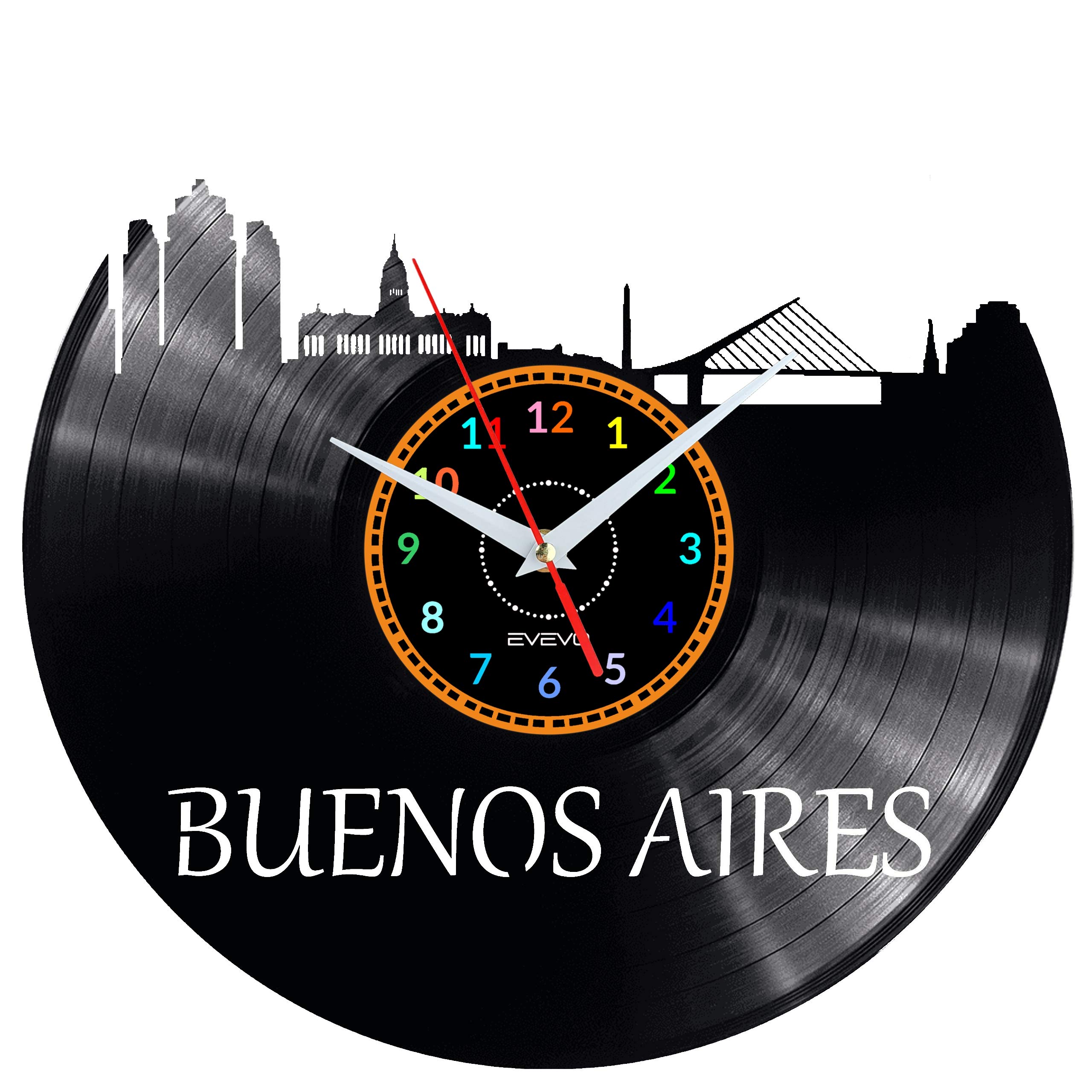Evevo Multicolor Buenos Aires Wall Clock Vinyl Record – Tango & Argentina City Design, Handmade Art Clock, Unique Gift Or Present For Buenos Aires Lovers, Travelers & Latin Home Decor W0285