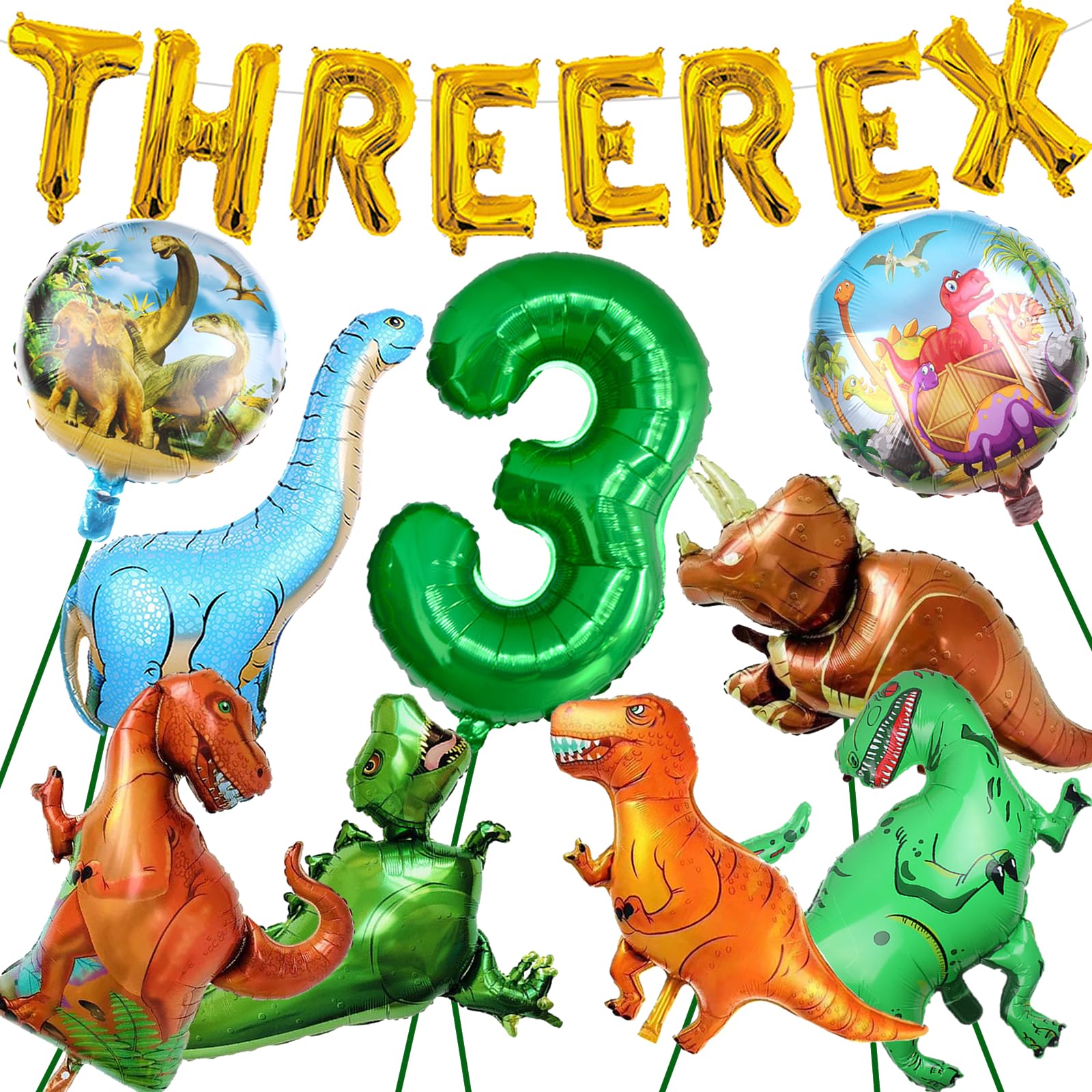 17Pcs Dinosaur 3rd Birthday Party Decorations Include Three Rex Balloon Dinosaur Foil Balloons for Three Rex Theme Birthday Decorations Boys