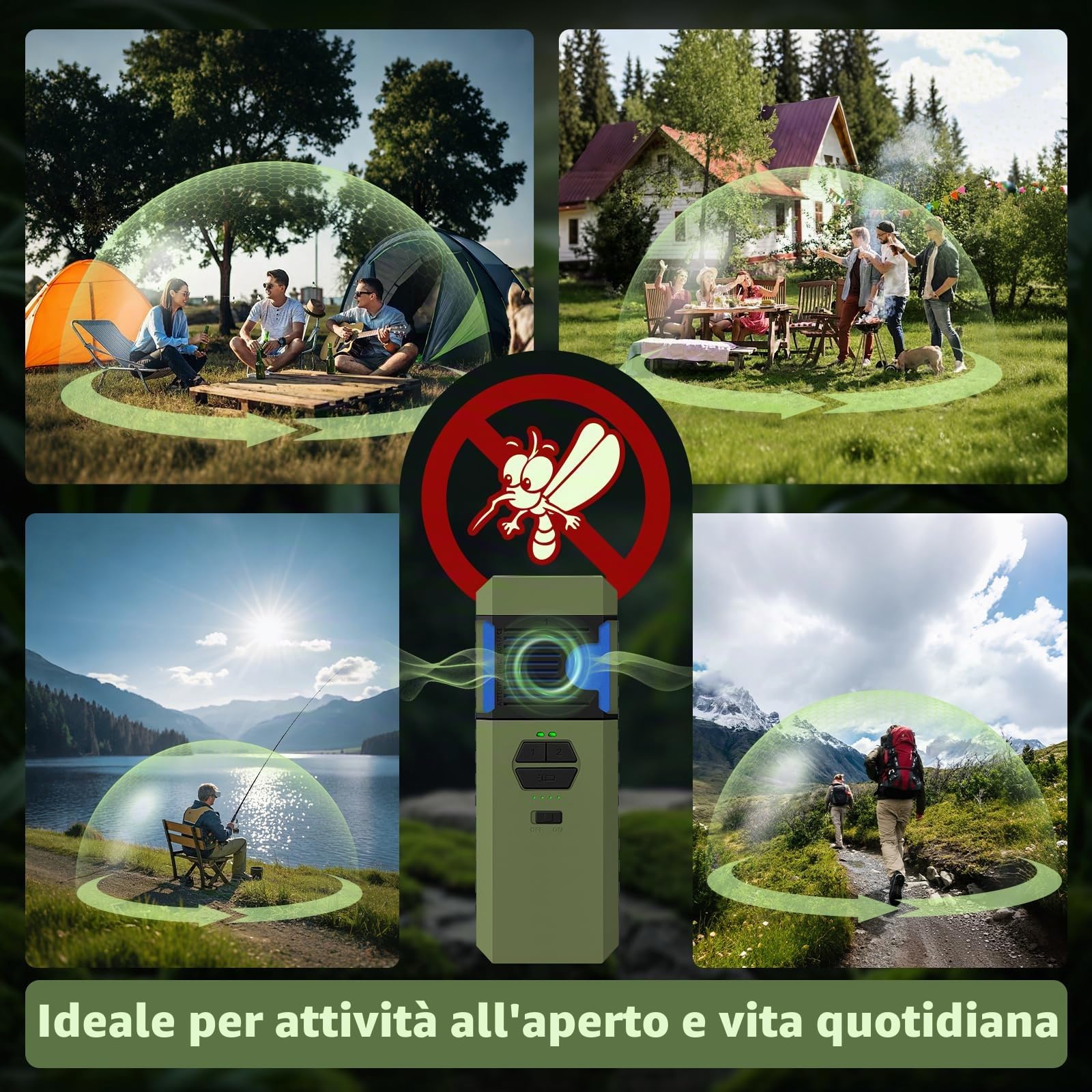 WhiteRhino 3-IN-1 Dispositivo Repellente per Zanzare da Esterno con Torcia, Repellente Elettrico con Riscaldamento a Doppia Faccia, IP67 Impermeabile, Batteria 9000mAh, per Patio, Viaggi (Verde)