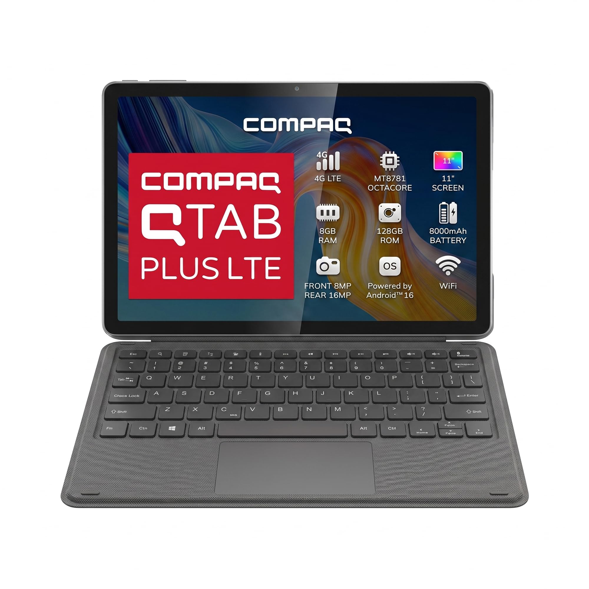 Compaq QTab Plus LTE 11-inch Tablet front view with specifications displayed on screen