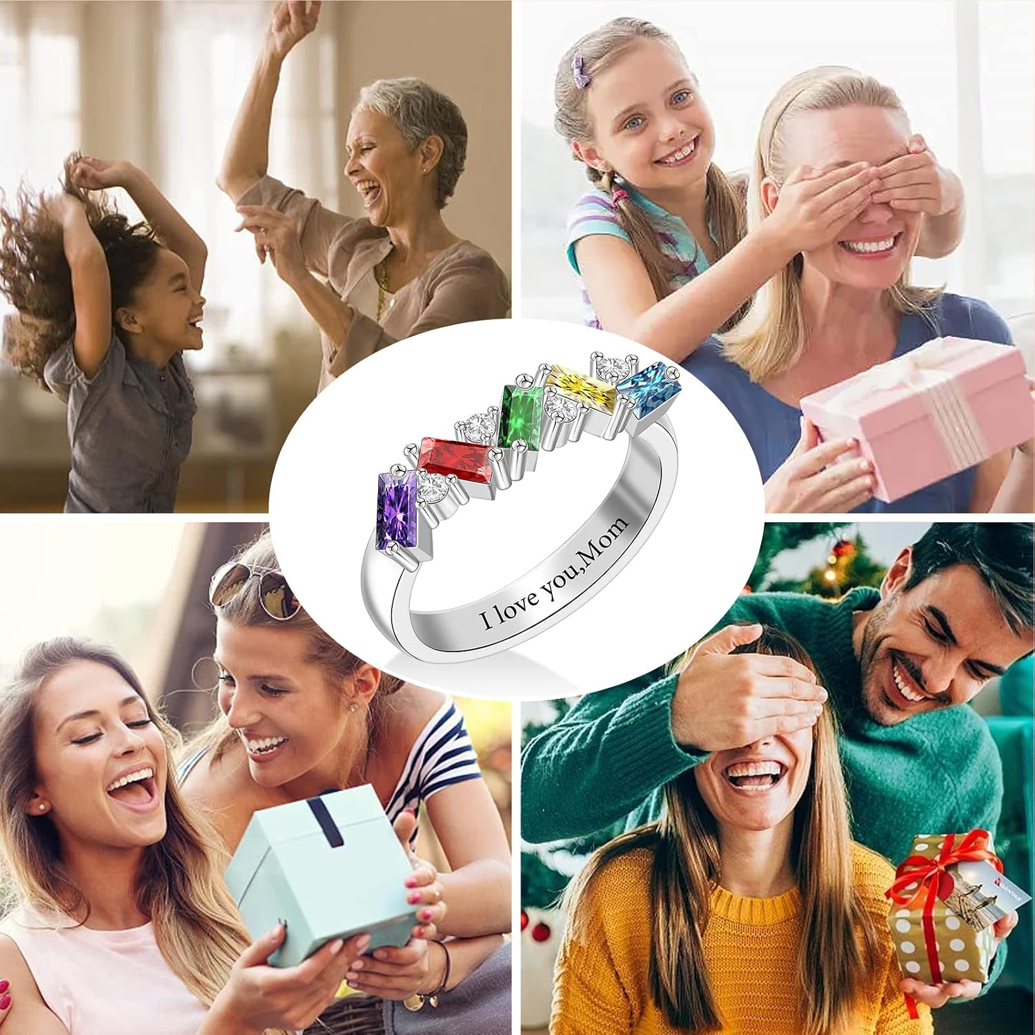 MissNaNa Customized Birthstones Rings for Women Personalized 1-5 Baguette Birthstones Mother Ring Promise Rings for Her Christmas Mother's Day Valentine's Day Birthday Gift