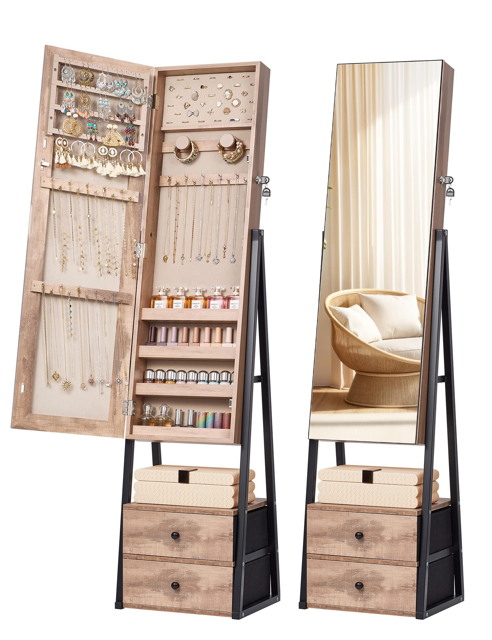 Nicetree Jewelry Cabinet Armoire with 2 Drawers,Standing Jewelry Mirror Cabinet, Full Length Mirror with Jewelry Storage, Lockable Jewelry Organizer with Mirror,Toasted Oak