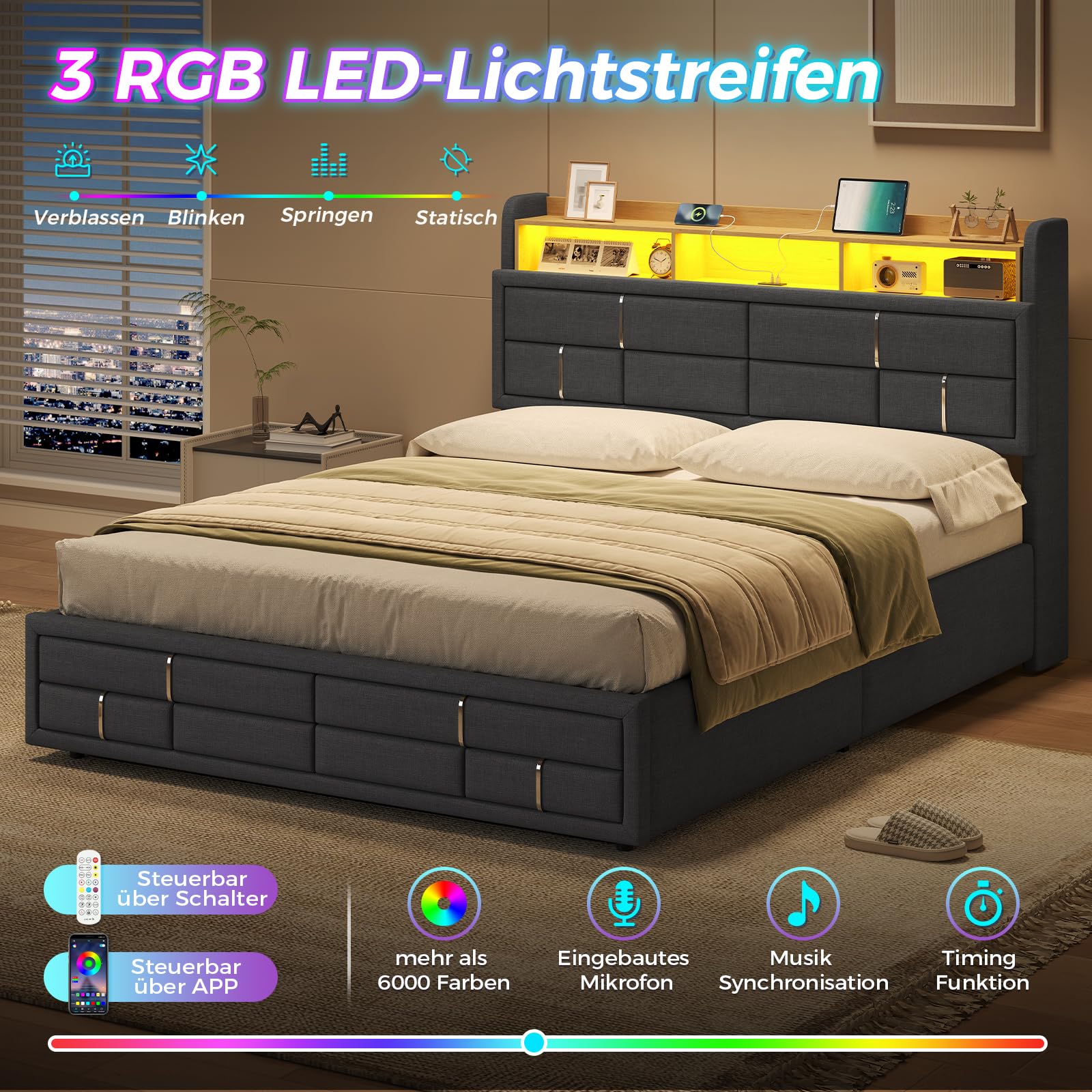 Bett 140X200 mit LED Beleuchtung, Hydraulisches Stauraumbett 140x200 cm, Polsterbett, Regalkopfteil mit Steckdosen, Offenes Regal, Versteckter Stauraum, Bettgestell mit Lattenrost, Leinenstoff grau