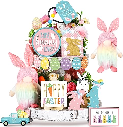 Marsui Decoración de bandeja escalonada de Pascua, decoración rústica de primavera, conejo, camión, huevo, gnomo, decoración de Pascua, letrero de