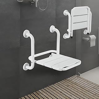 Ansobea Asiento de ducha plegable de pared con reposabrazos, asiento plegable de 120 kg, taburete de ducha plegable de pared, silla de ducha para personas mayores, color blanco