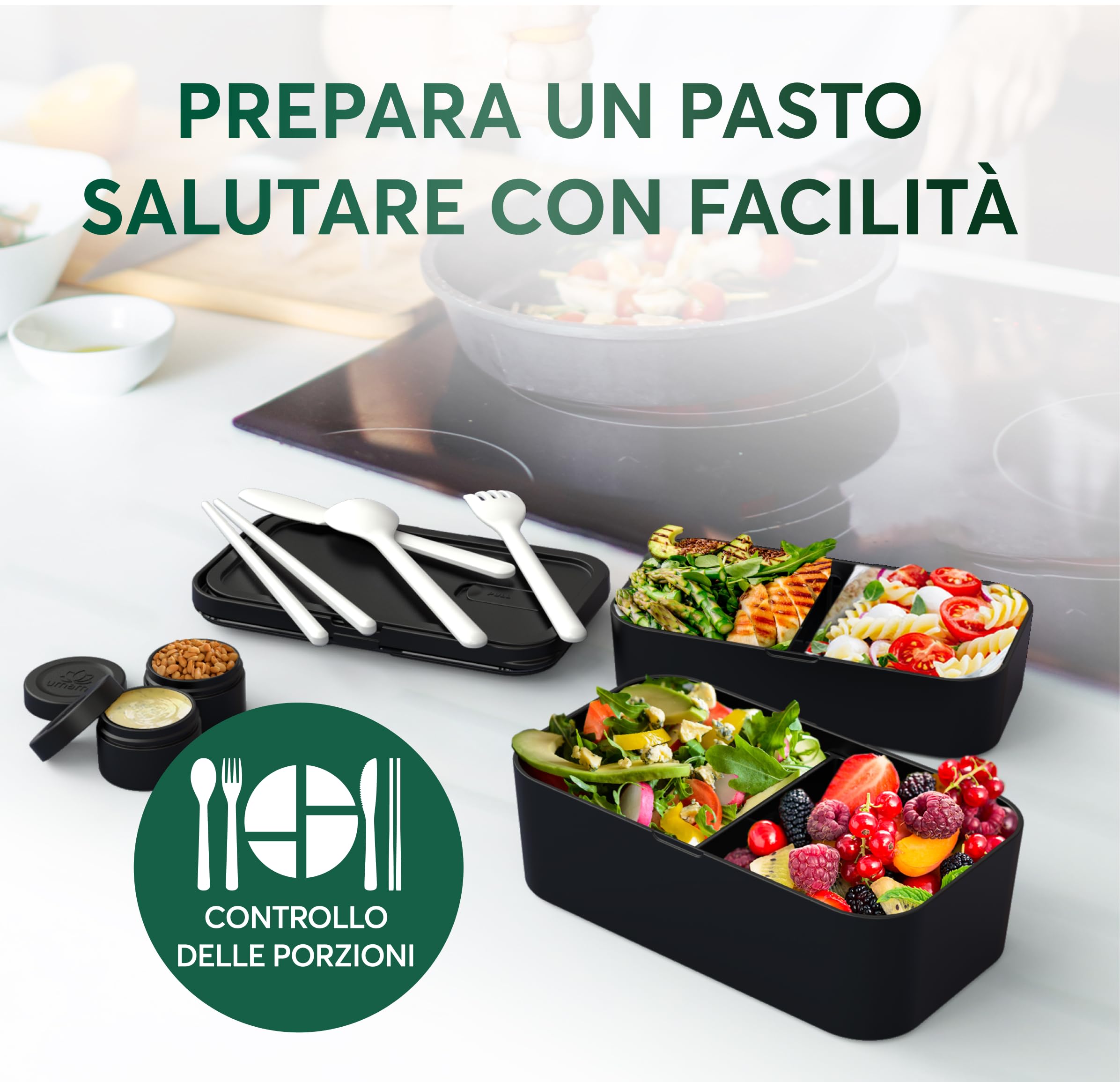 Umami Porta Pranzo Lunch Box Impilabile Con 4 Scomparti E Posate, Sicuro Per Microonde, Lavastoviglie, Portapranzo Ufficio, Bento Lunchbox Ermetico Per Adulti, Pranzo, Ciliegia Nera, 1500 ml