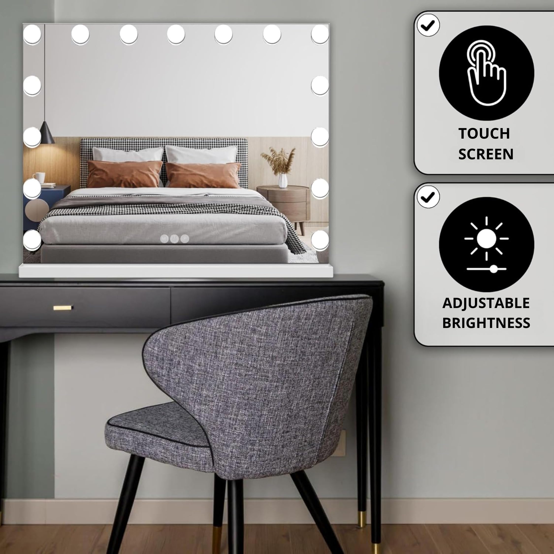Bayt Specchio Trucco con luci LED – Specchio Hollywood bianco 58x46 cm con 15 lampadine dimmerabili, 3 tonalità di luce (calda, fredda, naturale), touch screen