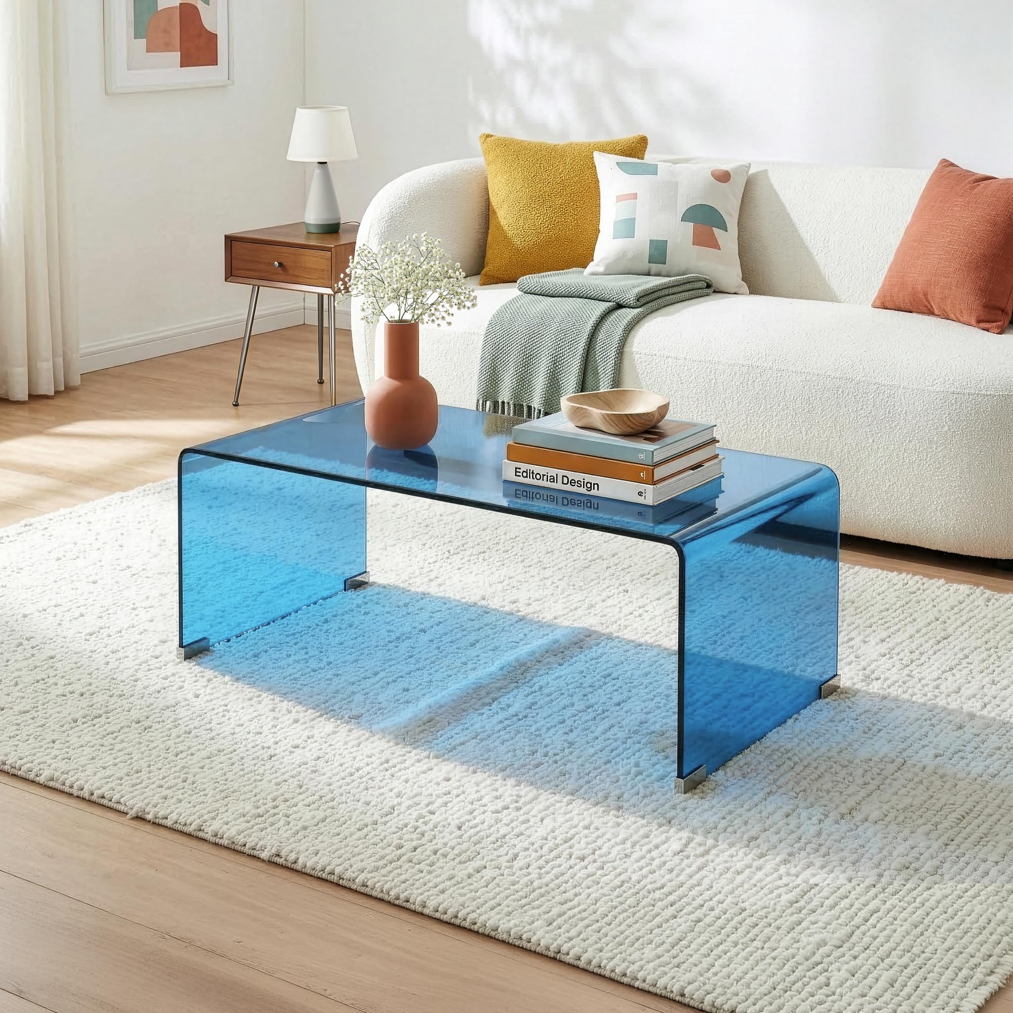 [en.casa] Tavolino da Caffè in Vetro Temperato Tavolo Basso Centrale da Salotto con Piano Rettangolare per Soggiorno Studio Living 90 x 45 x 35 cm - Blu
