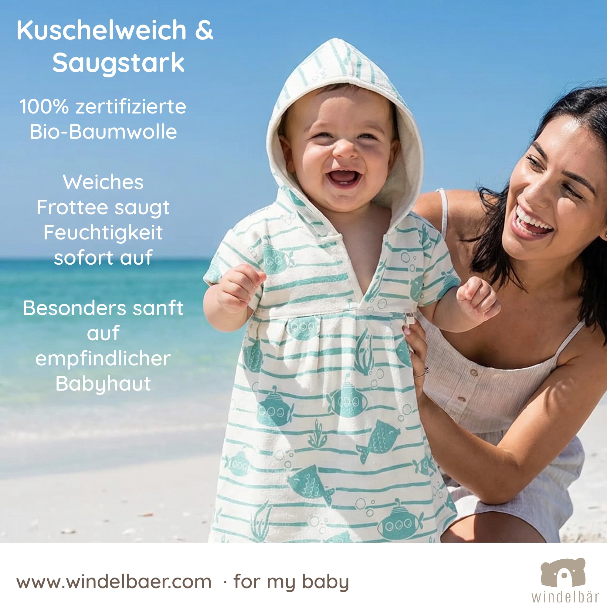 Baby Badeponcho Bio Baumwolle Saugstark Kapuzenhandtuch Kurzärmlig Unisex Fische U-boot Grün 62/68