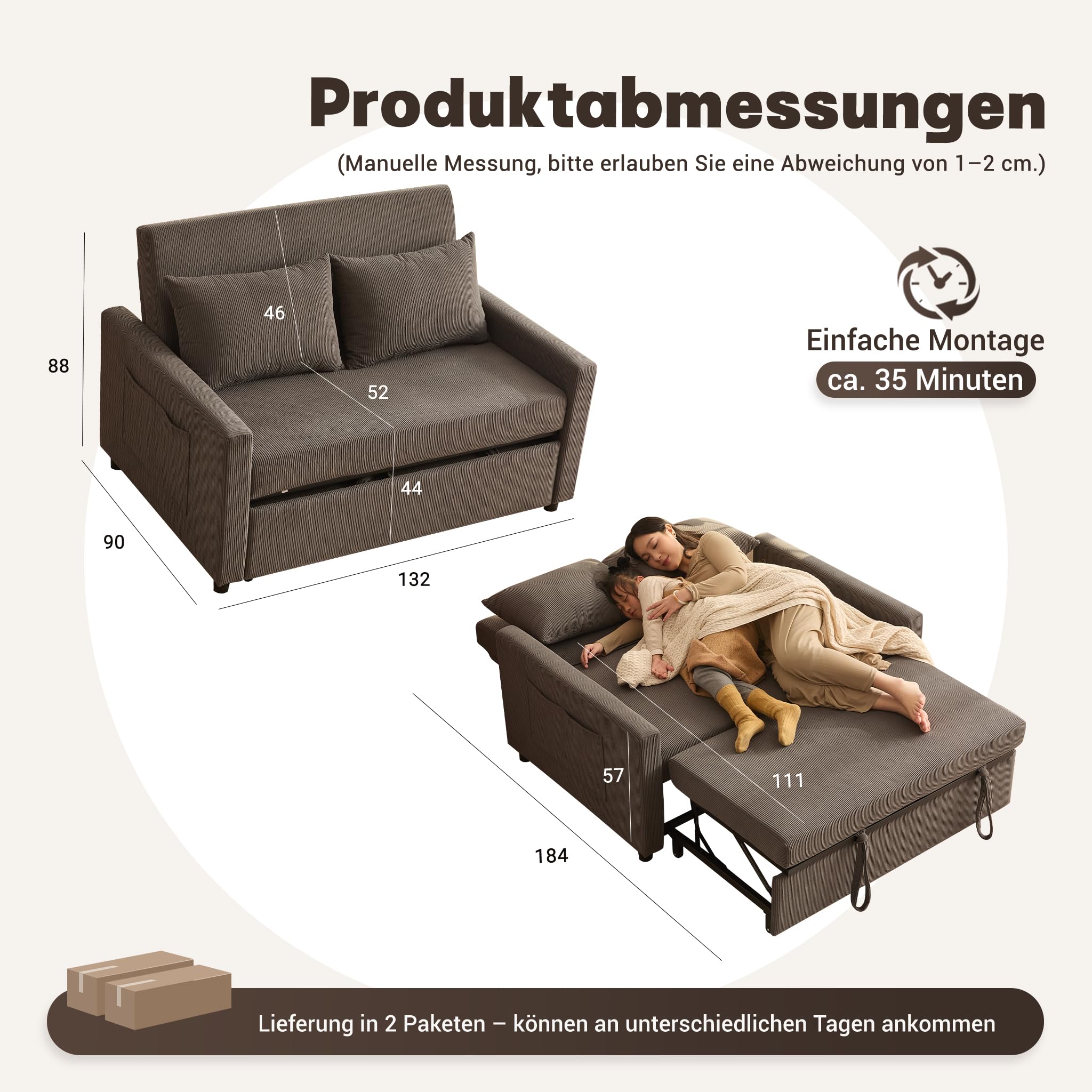 Schlafsofa 2-Sitzer, 3-in-1 ausziehbares Sofa Bett, Cordstoff Schlafcouch mit Verstellbarer Rückenlehne und Seitentaschen, für Wohnzimmer und Gästezimmer,Grau