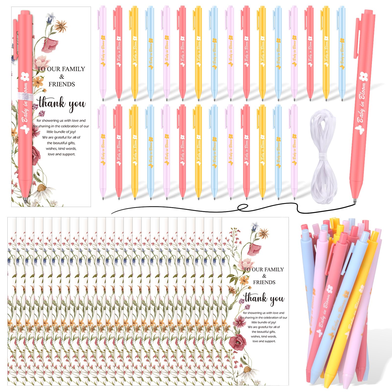 Feifeiya 100 Pcs Shower Favors Wildflower Shower Gifts for Guests 50 Retractable Flower Ballpoint Pens with 50 Thank You Cards for Gender Reveal
