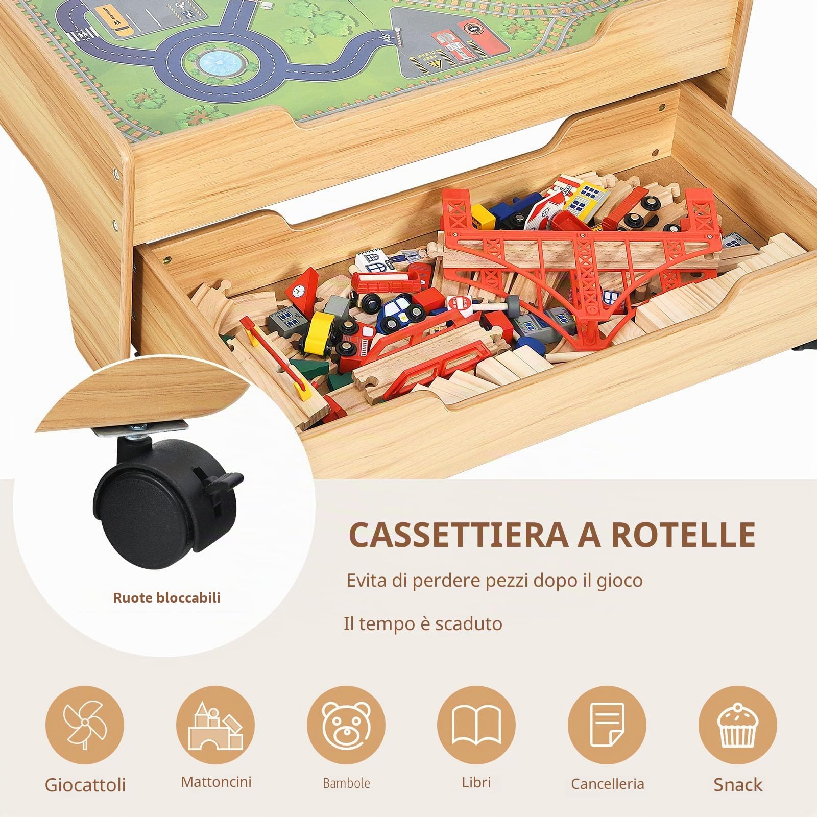LIFEZEAL Tavolo da gioco ferrovia legno, set 100 pezzi, cassetto portaoggetti mobile, multifunzione 3 anni, costruire