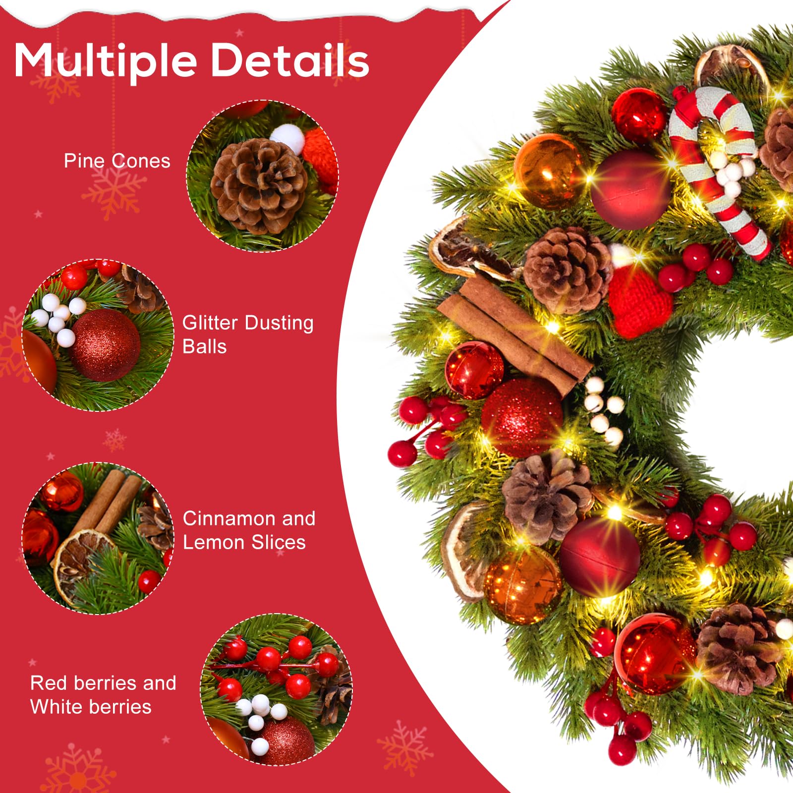GlobaLink Weihnachtskranz 40cm, Türkranz Weihnachten mit 40 LEDs Timer Batteriebetrieben Künstlicher Kranz mit Zuckerstange Zitronenscheiben und Weihnachtskugeln Weihnachtsdeko für Feste Advent Türe