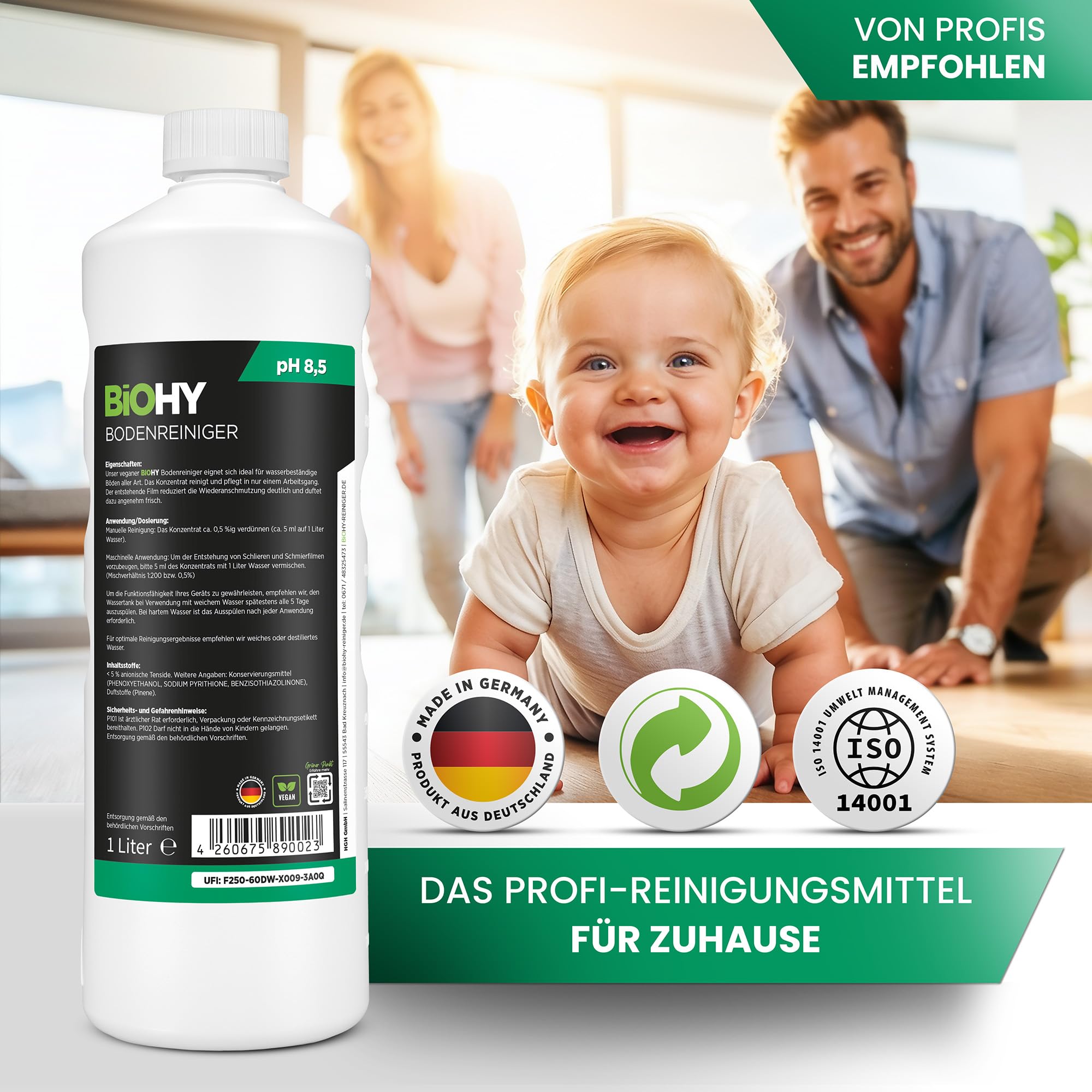 BiOHY Limpiador de suelo (9 botellas de 1 litro) + Dosificador | Concentrado para todos los aparatos de limpieza y todos los suelos duros (Bodenreiniger)